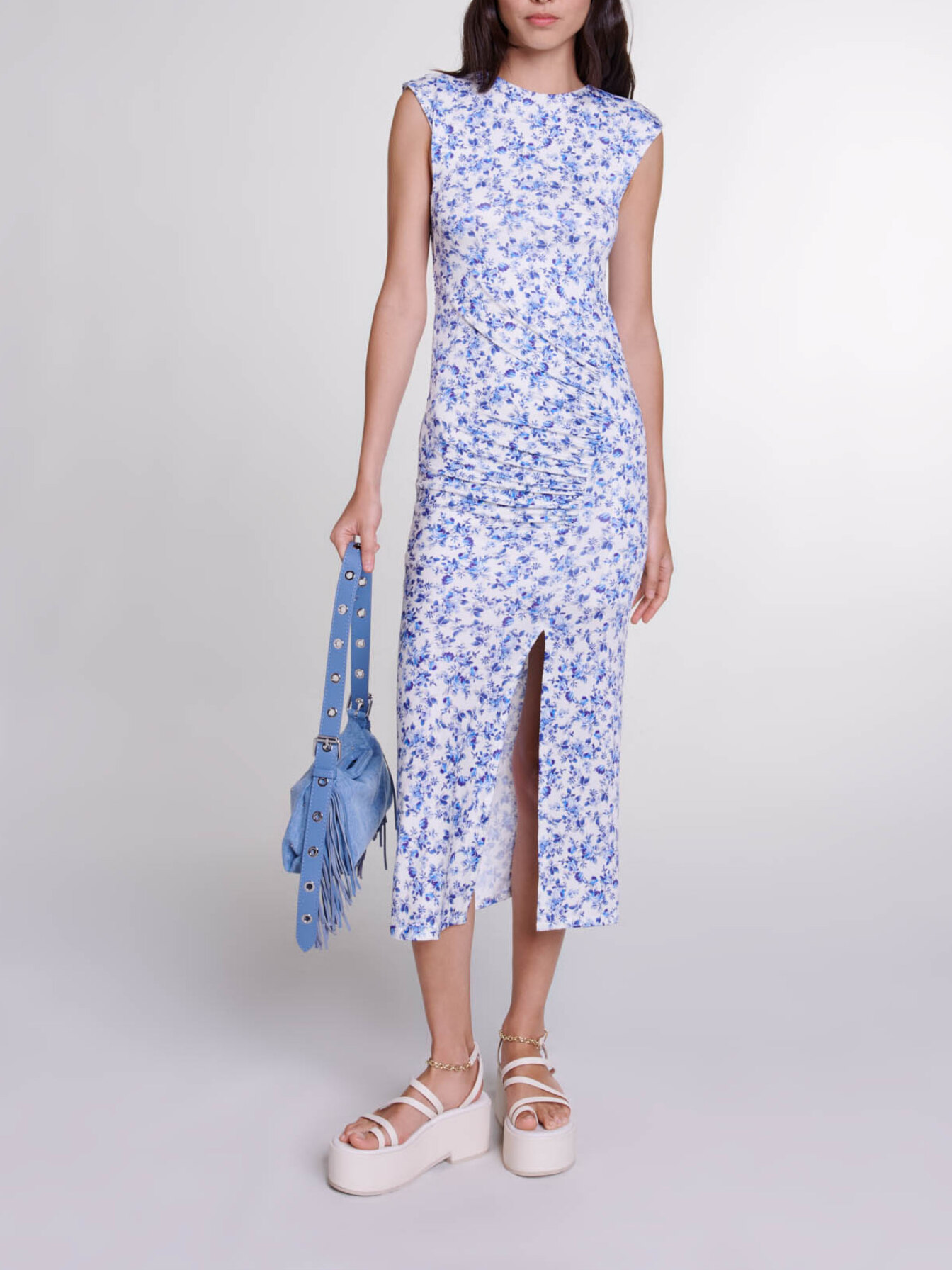 Maje Woman's polyester Patterned maxi dress for Spring/Summer, in color small blue flower print /