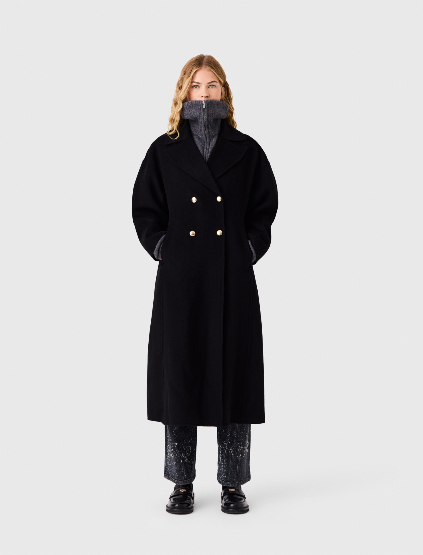 Maje Long Double-breasted Wool Coat In Black