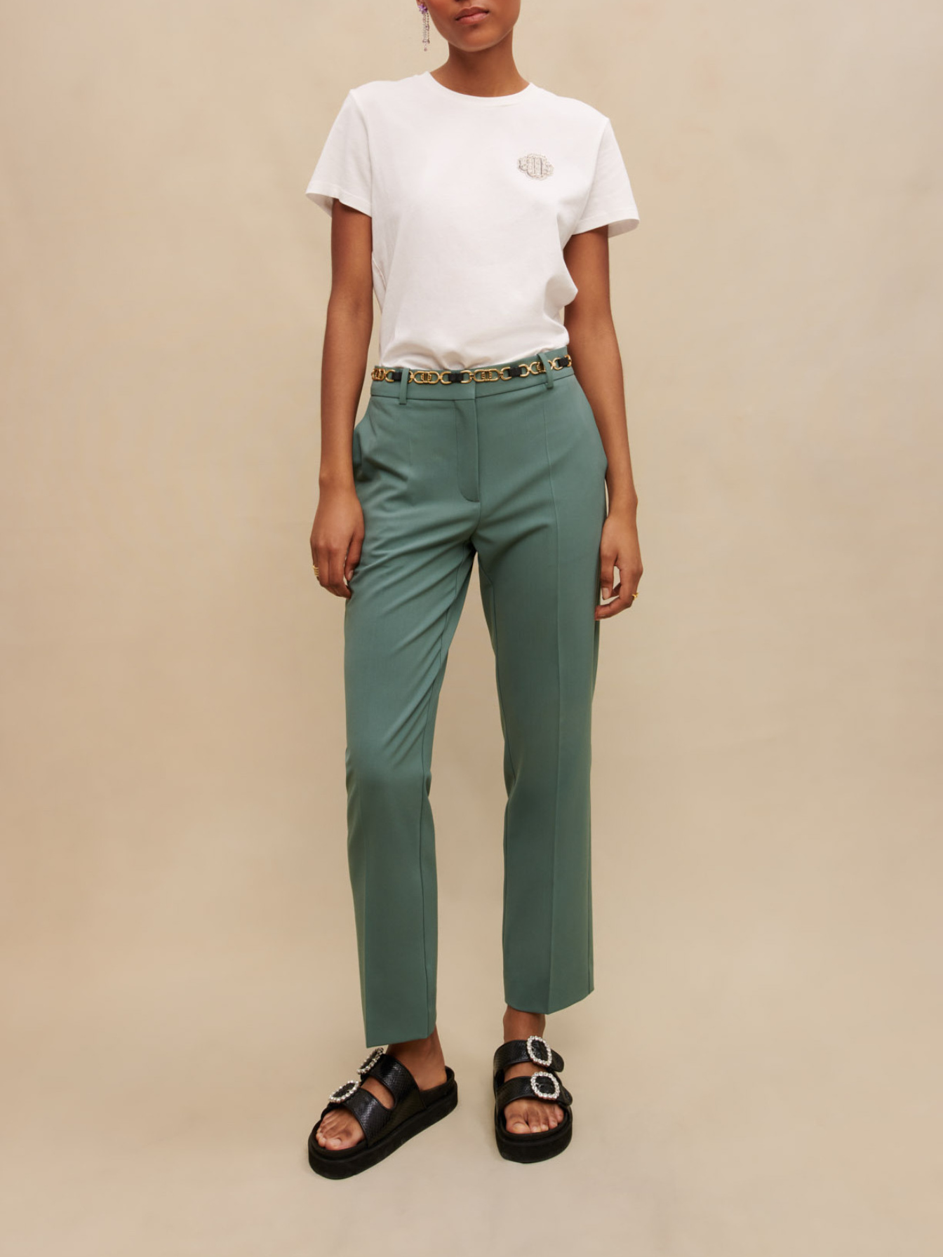 Woman
s polyester, Straight-cut tailored trousers for Spring/Summer, size Woman-See All-US XL / FR 41, in color Green / Grey