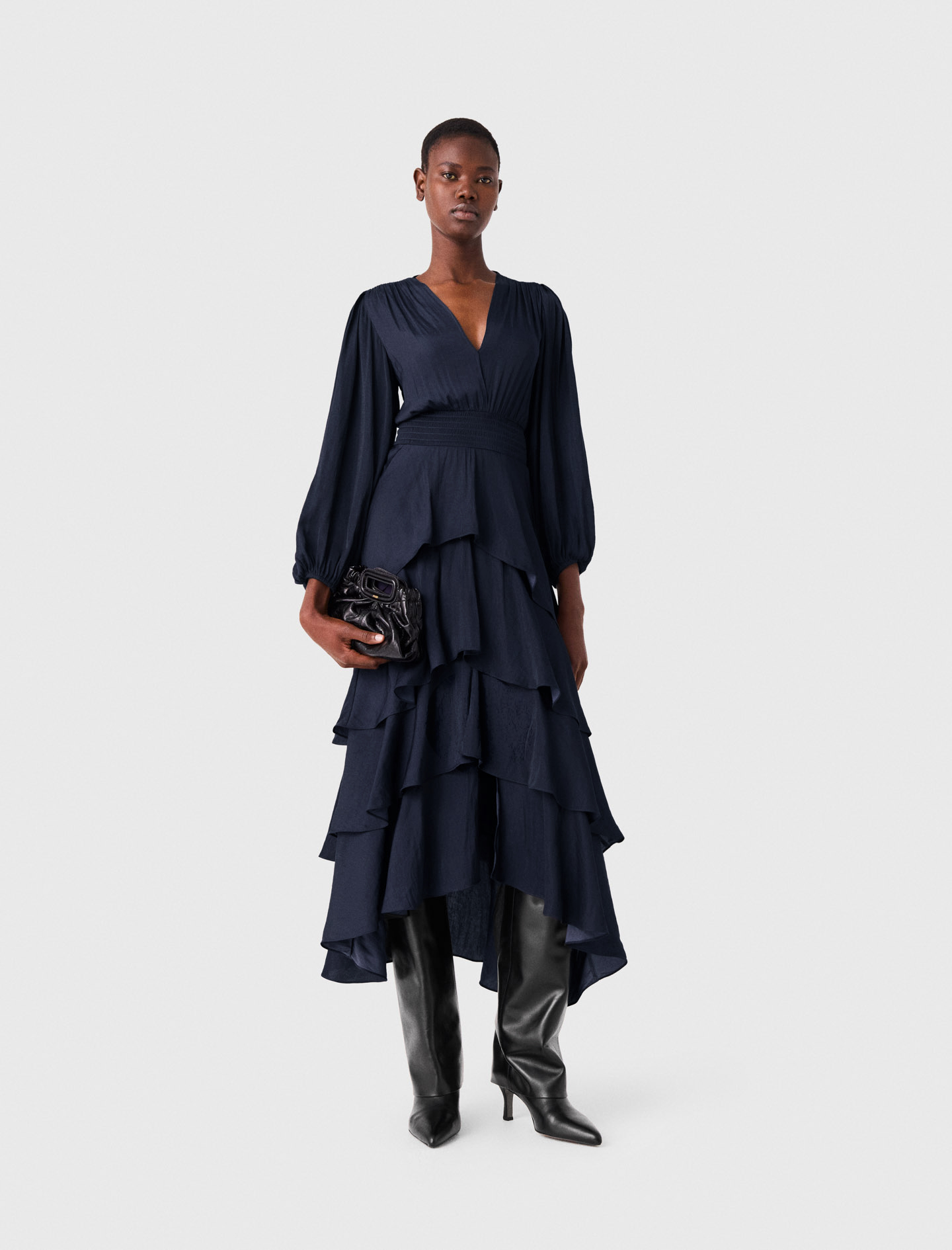 blue ruffle dress long sleeve Maje - Ruffled Maxi for Women - Size 34 FR Color:Deep Olive In woven silk chiffon off-the-shoulder bridal gown Ruched Halter Ruffle Homecoming