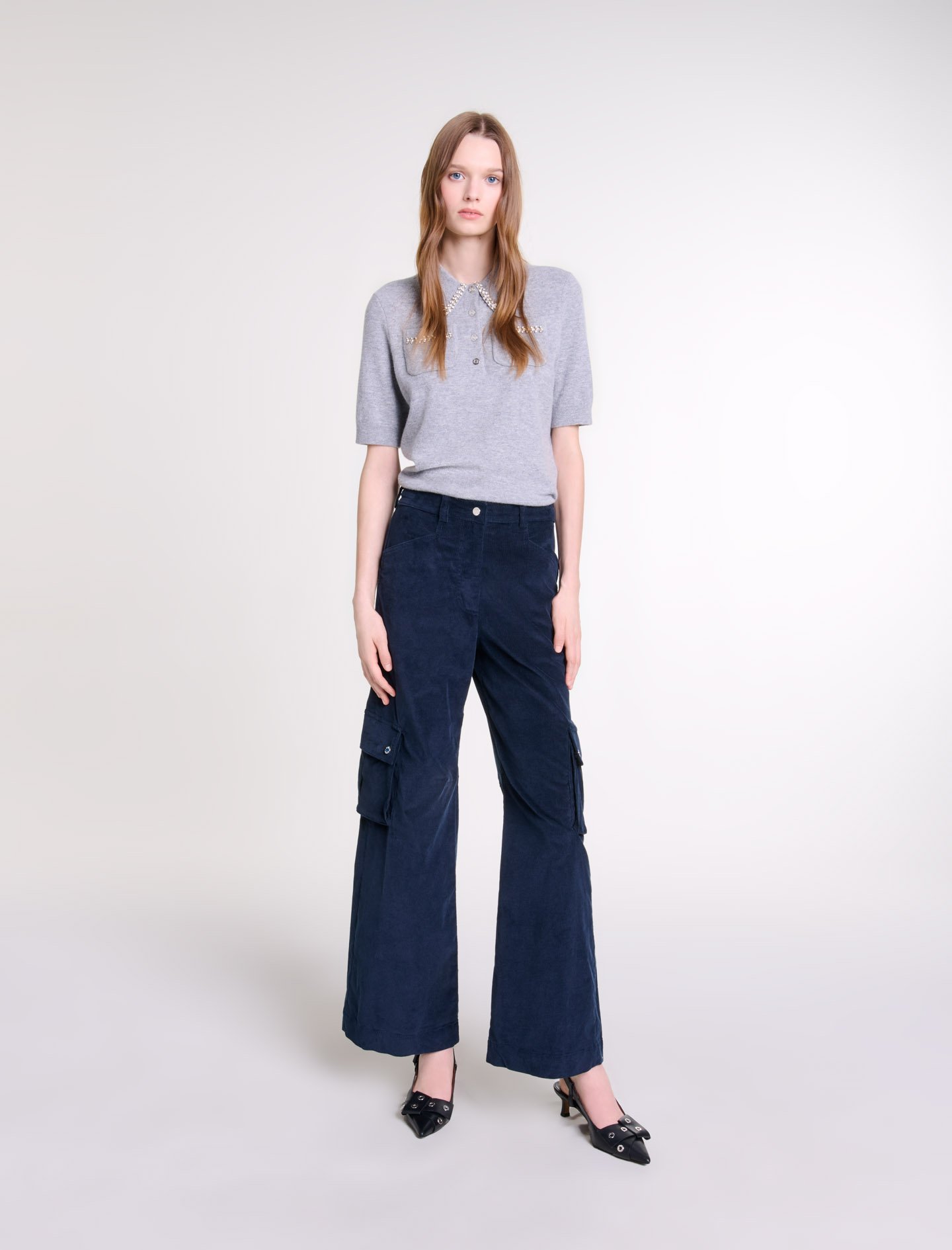 Woman's cotton, Velour cargo trousers for Fall/Winter, size Woman-Pants & Jeans-US XL / FR 41, in color Navy / Blue