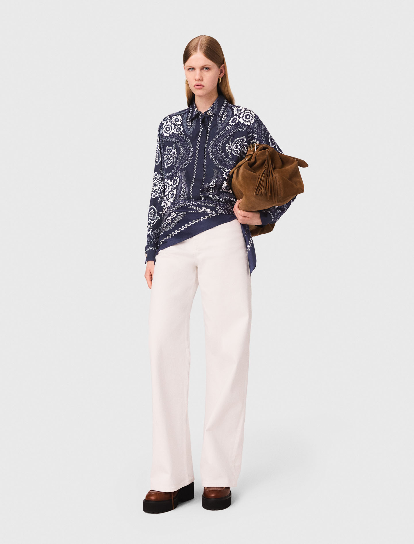 Woman's viscose Flowing printed shirt for Fall/Winter, size Extra Small, in color Navy bandana print /