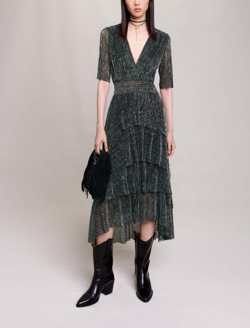 Maje Woman's polyester Metallic fiber dress with ruffles for Spring/Summer, in color Green / Silver /