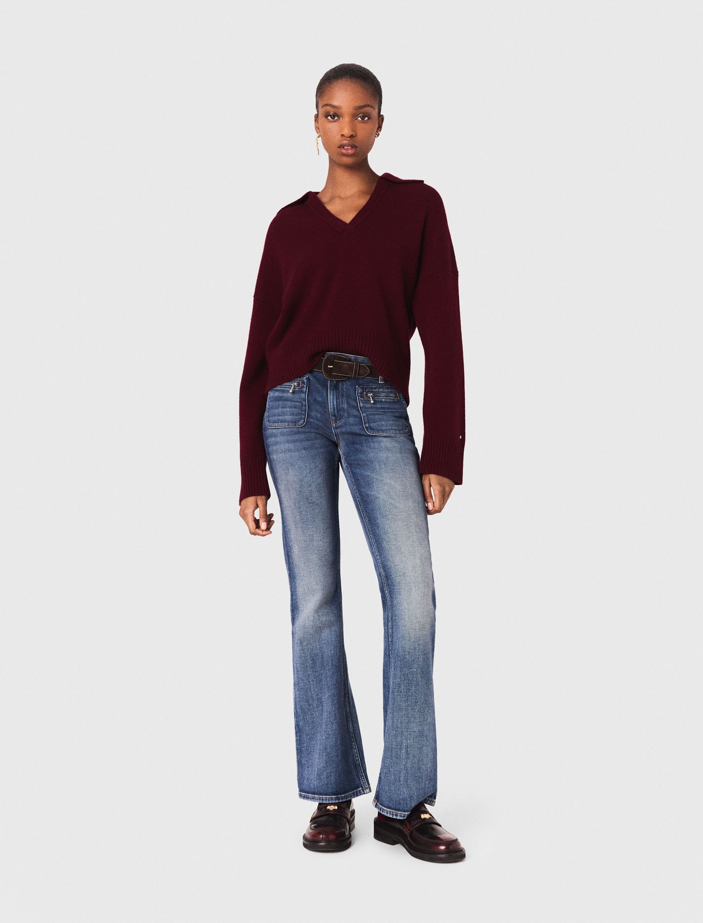 Maje Open Polo Collar Cardigan In Burgundy