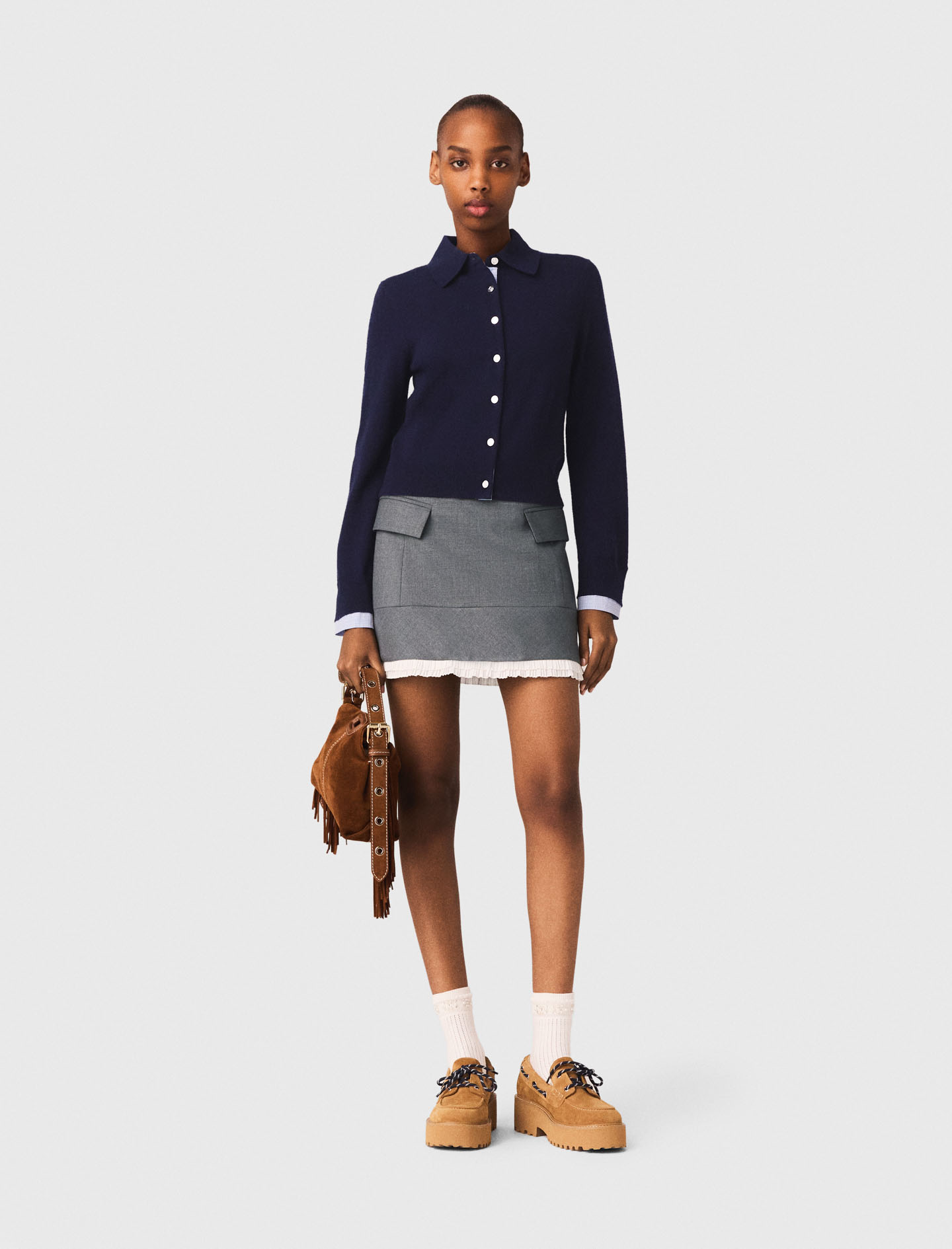 A-line poplin skirt with ruffle Black / Gray For Women | Maje