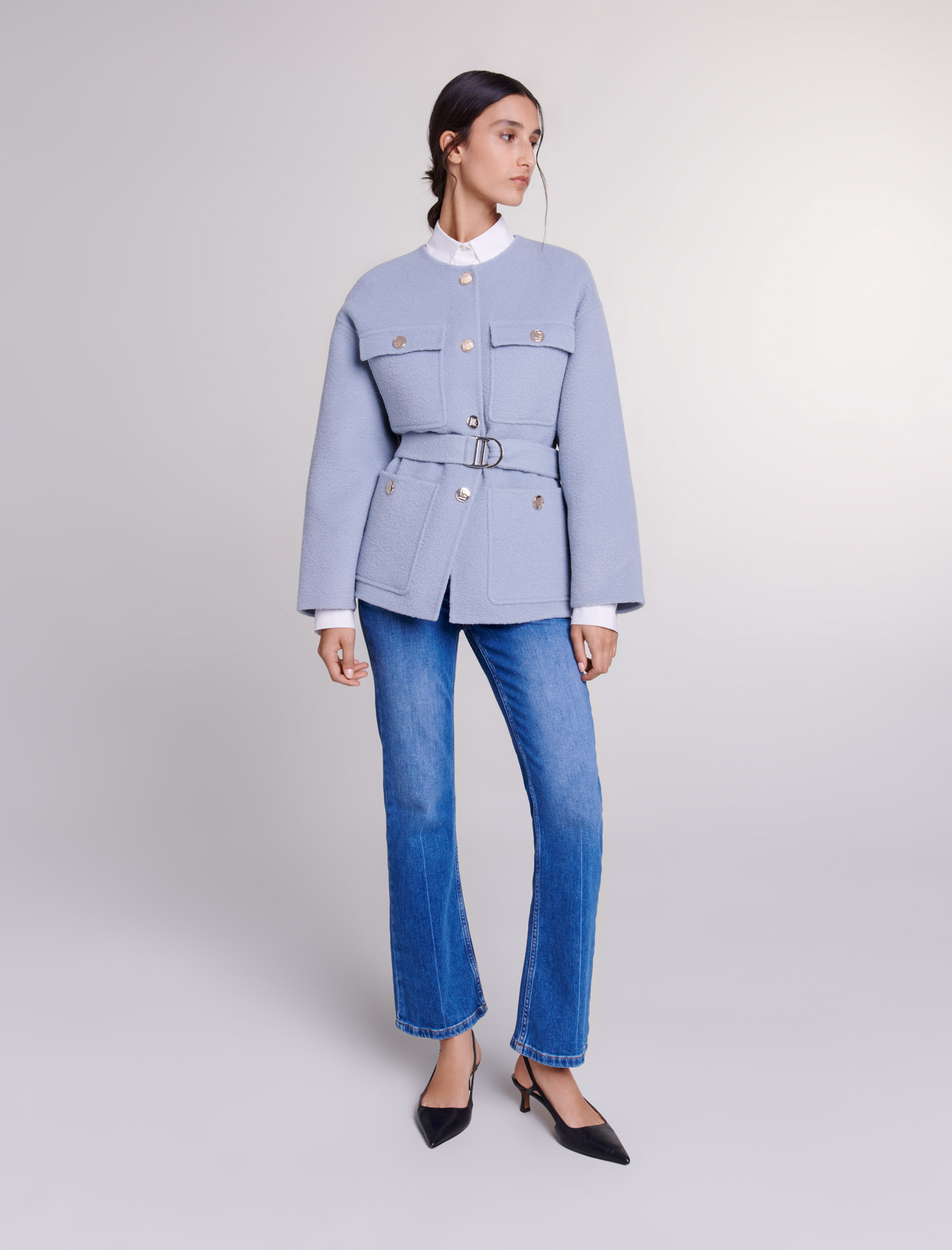 Maje Woman's wool, Belted short coat for Spring/Summer, in color Blue / Blue