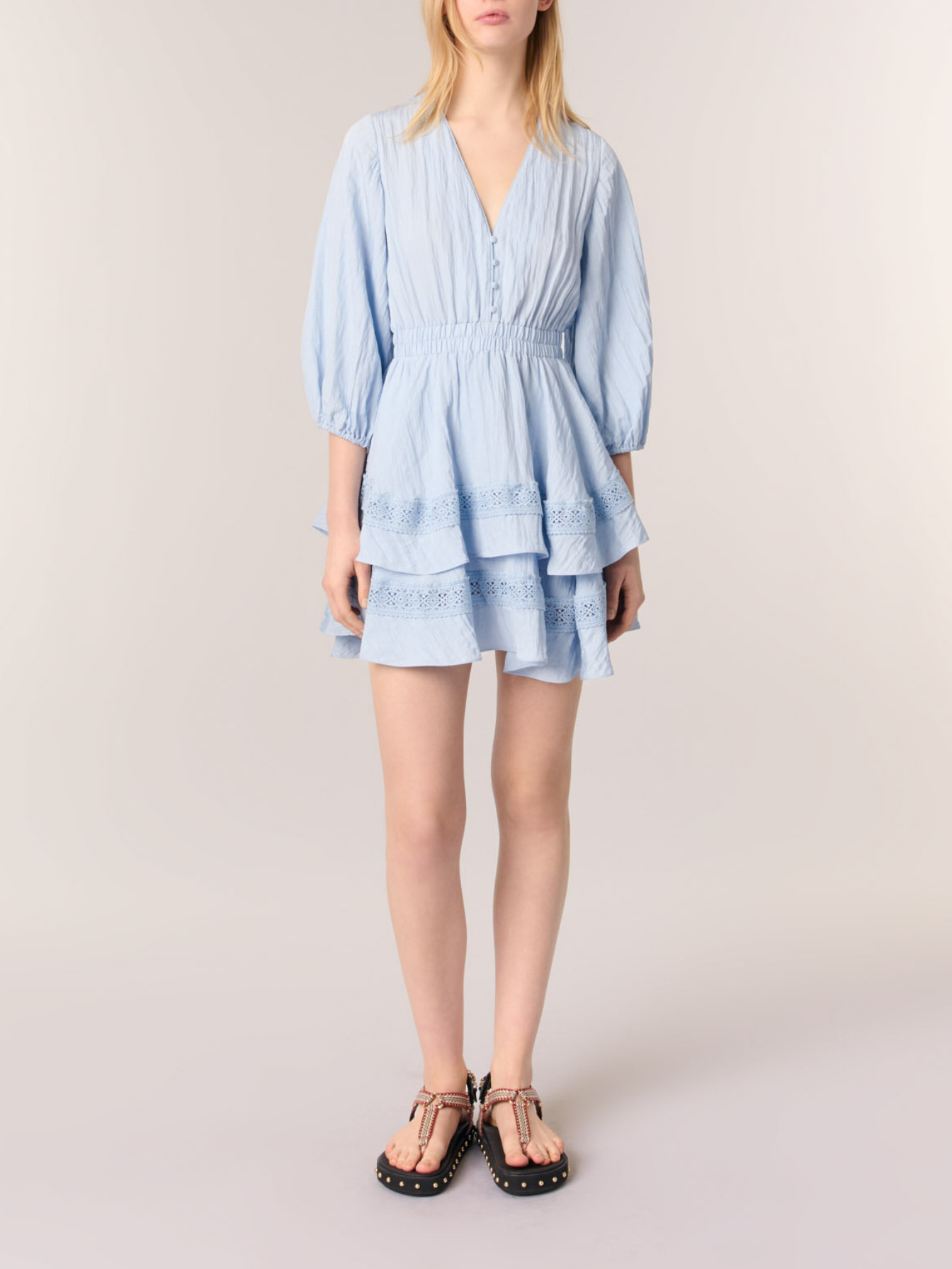 エースアンドレア　リブニット　ブルー Dress with ruffles and lace details Blue For Women | Maje