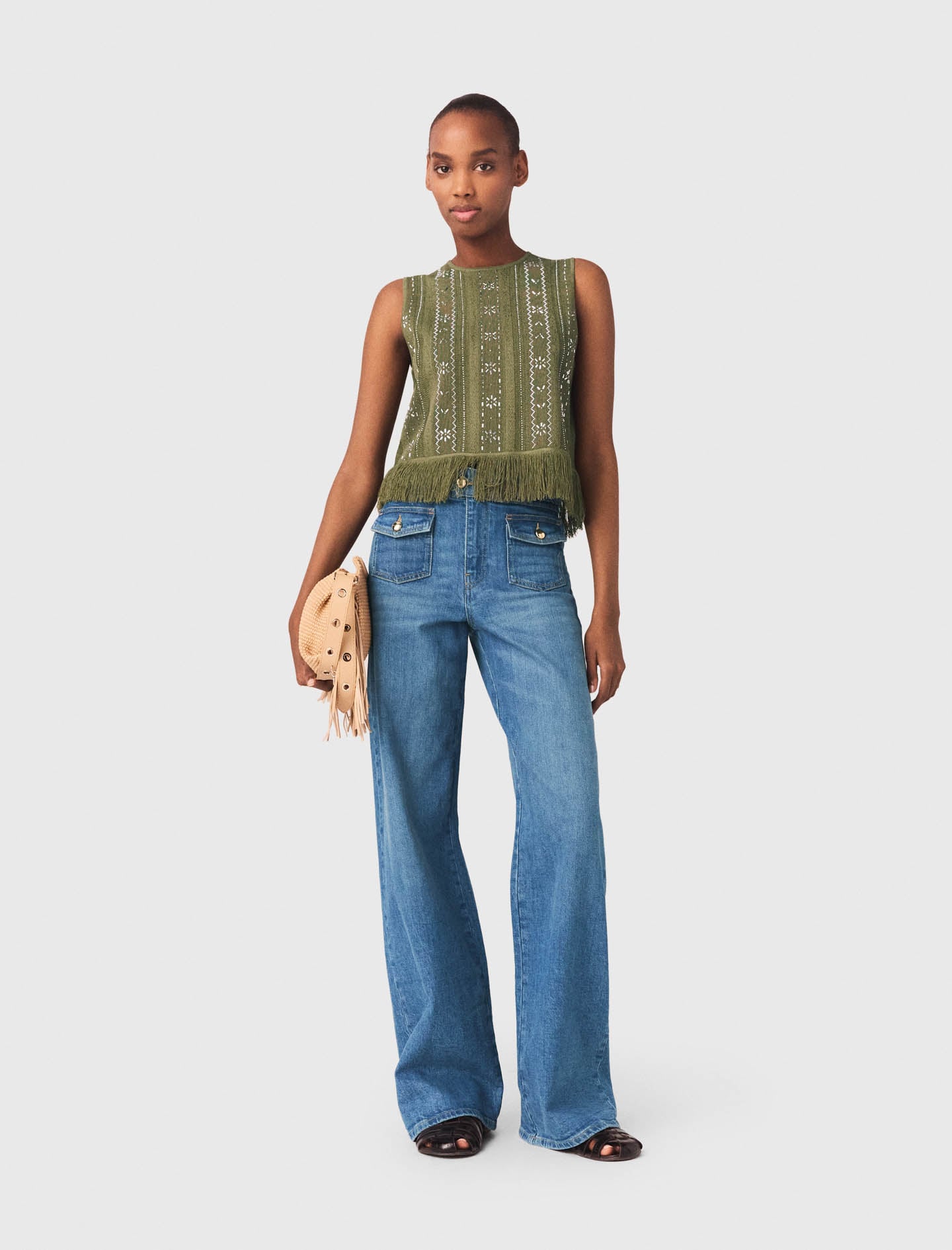 みみ Plage 7104821 Fringed rhinestone flower top Brown For Women | Maje