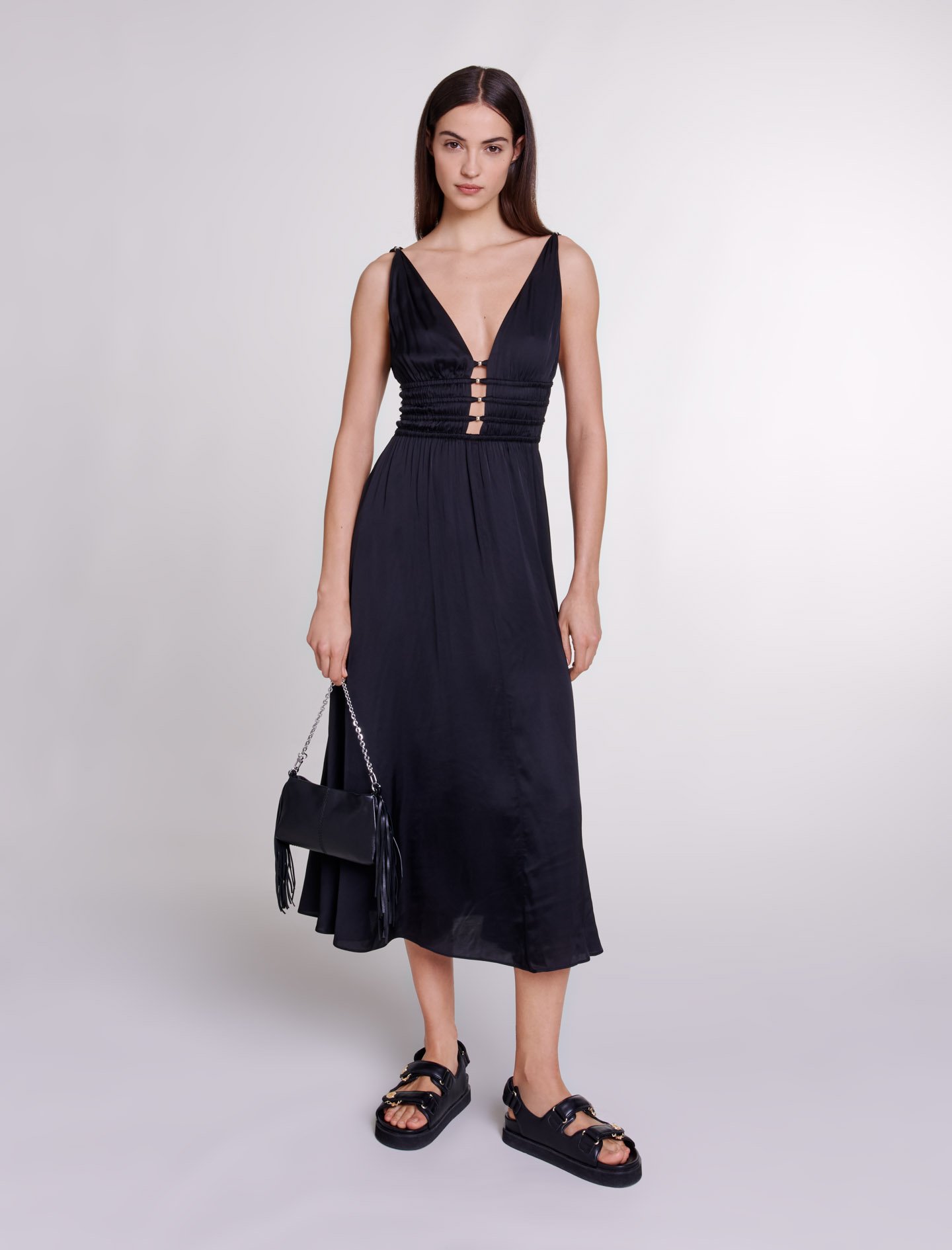 Maje Woman's viscose Openwork satin-effect dress for Spring/Summer, in color Black / Black
