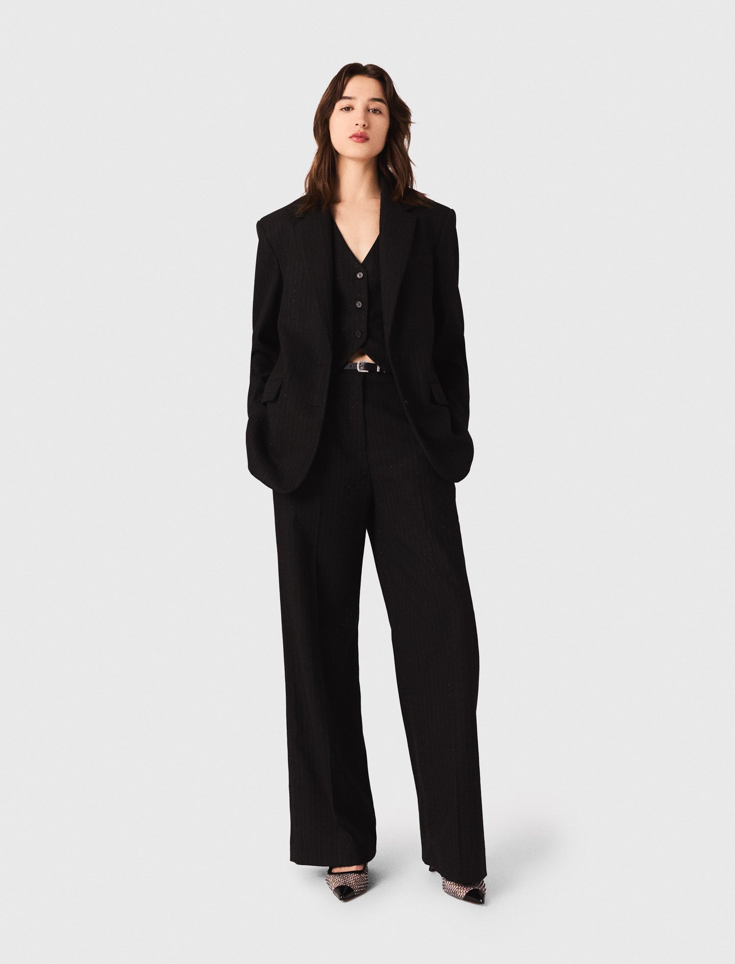 Maje Woman's polyester Rhinestone suit jacket for Fall/Winter, in color Black / Black