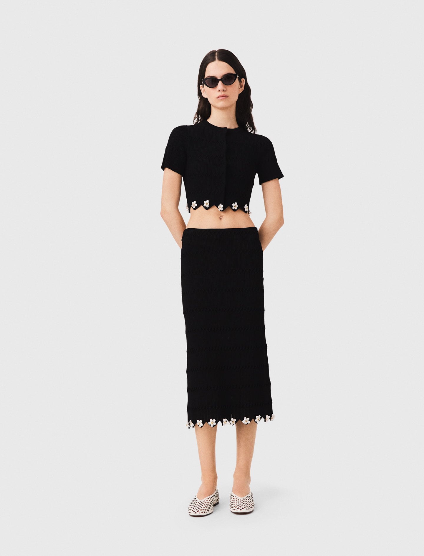 Knit skirt with jewelled flowers Black / Gray For Women | Maje
