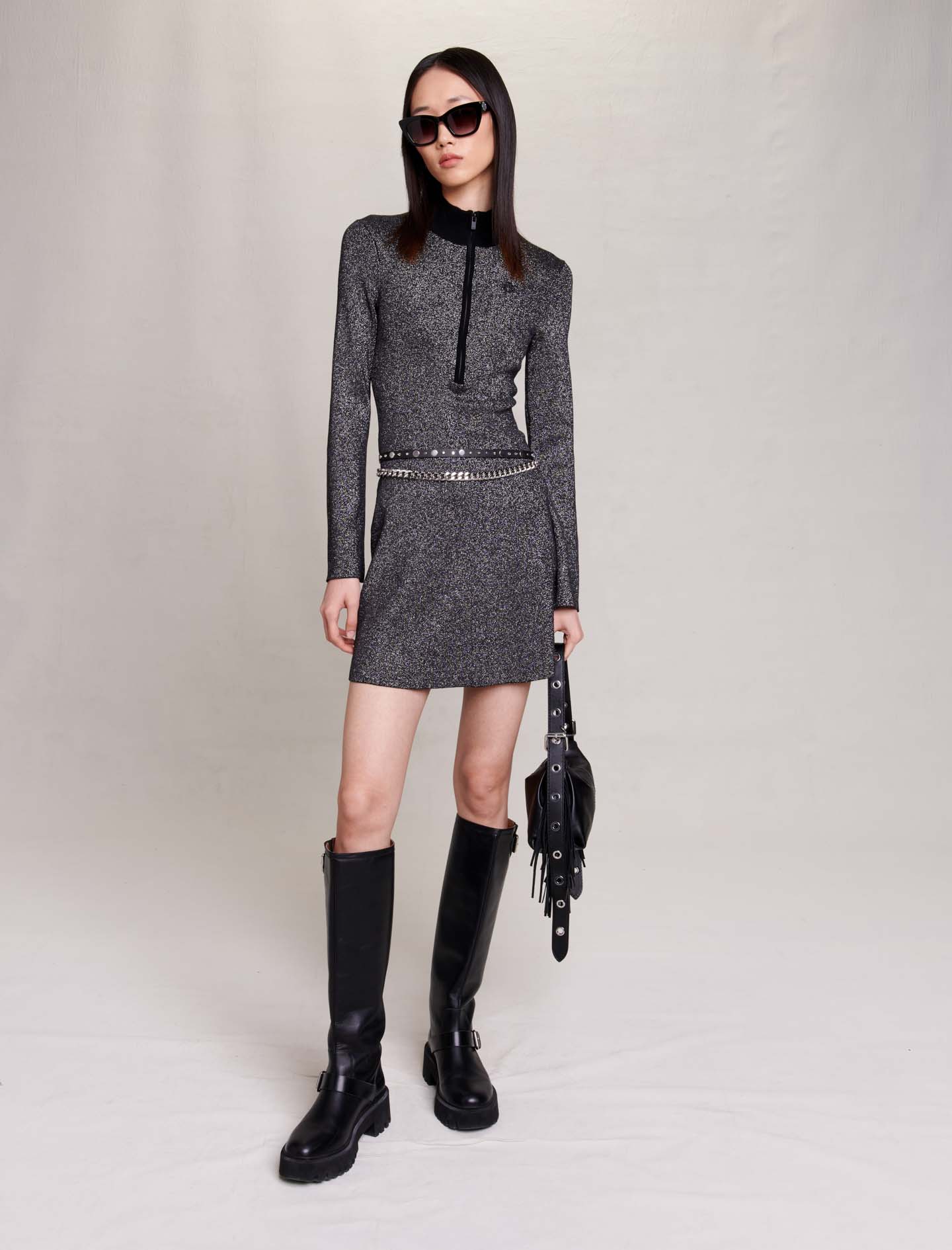 Maje Woman's viscose, Short glittery knit dress for Fall/Winter, in color Black/Glitter /