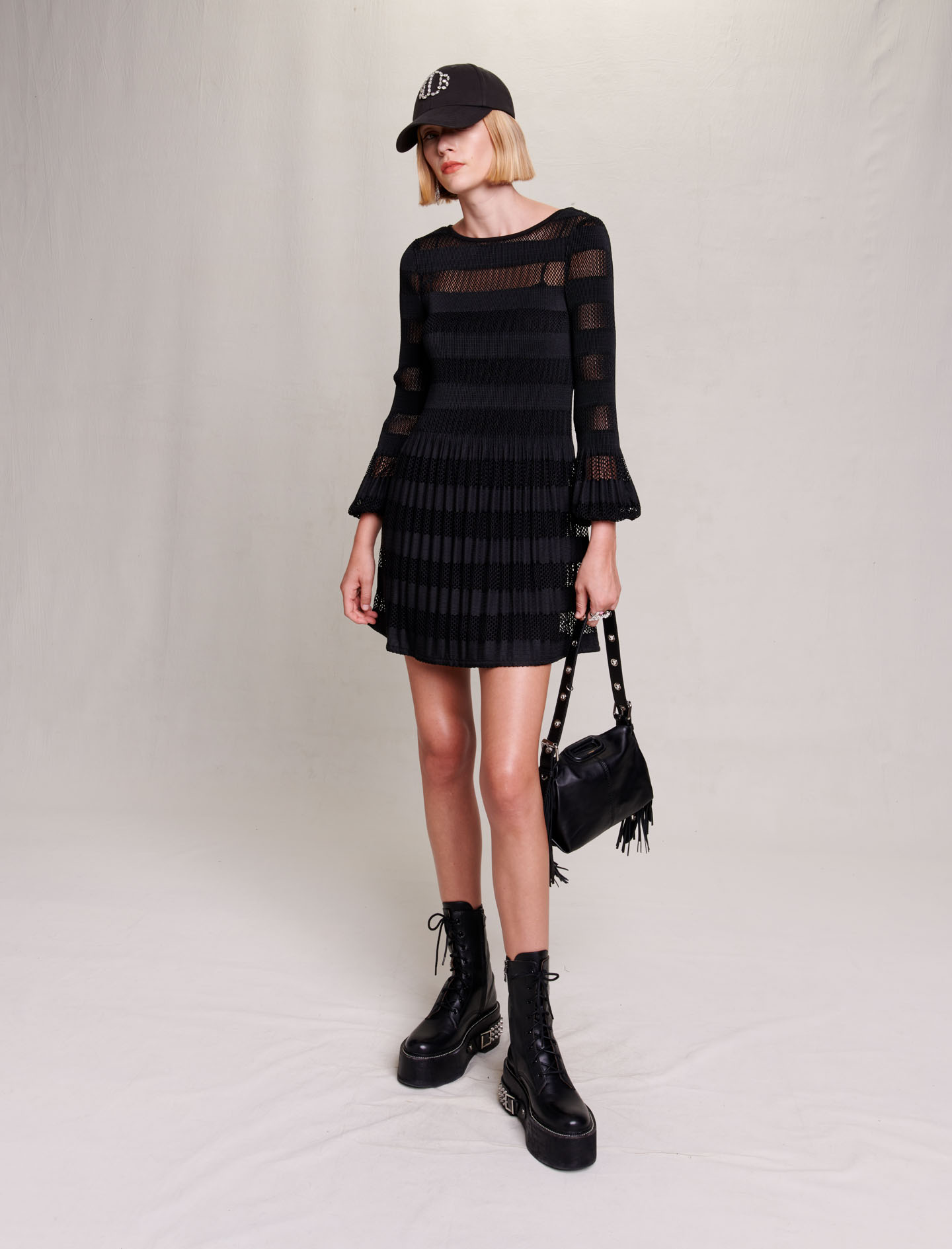Maje Woman's polyester Slip: Short openwork knit dress for Fall/Winter, in color Black / Black