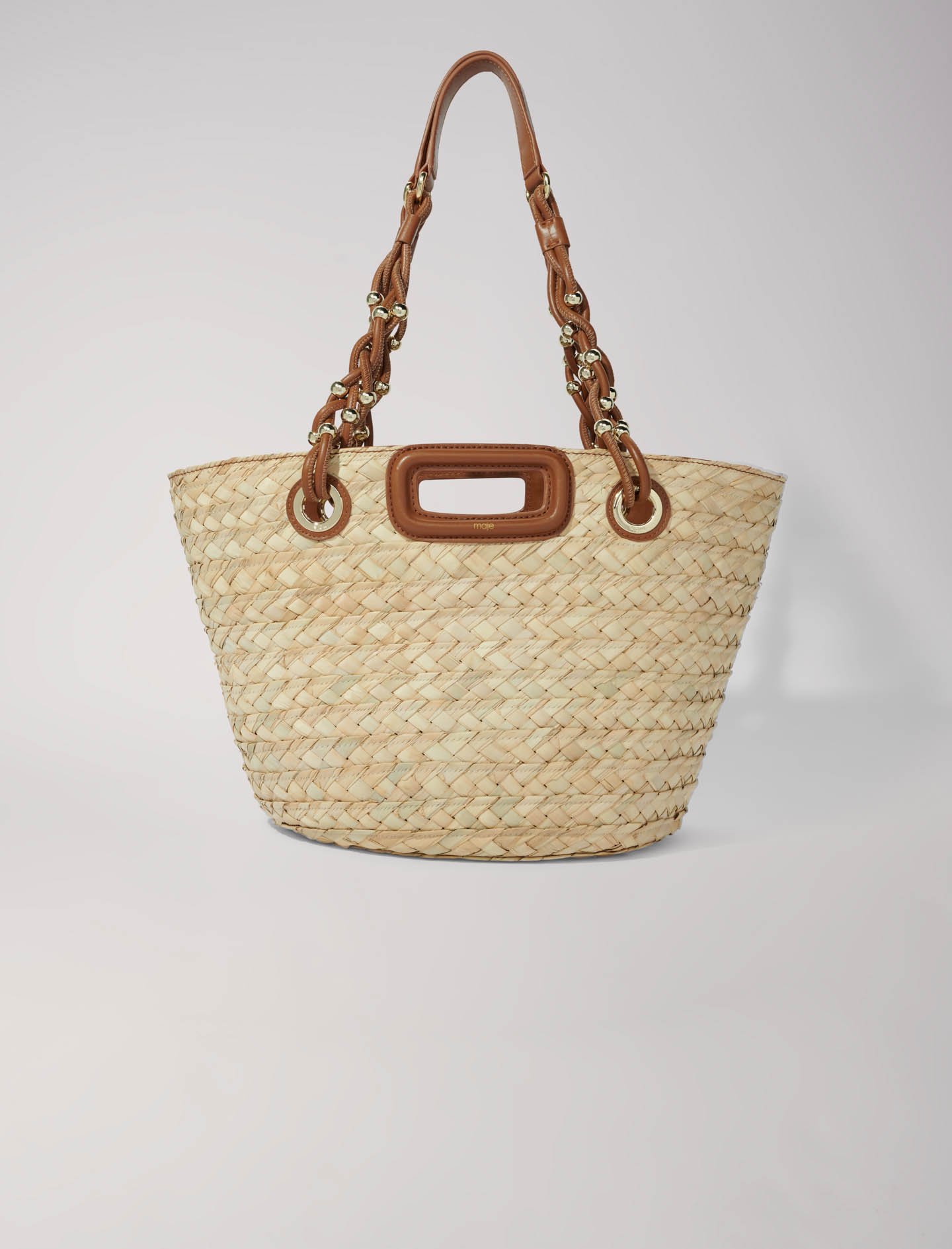 Woman's palm Lining: Woven raffia basket bag for Spring/Summer, size Woman-All Bags-OS (ONE SIZE), in color Camel / Brown