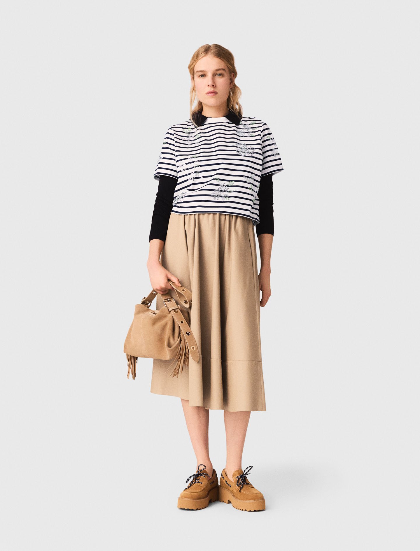 Maje Woman's Cotton Striped Rhinestone Flower T-shirt For Spring/summer In White