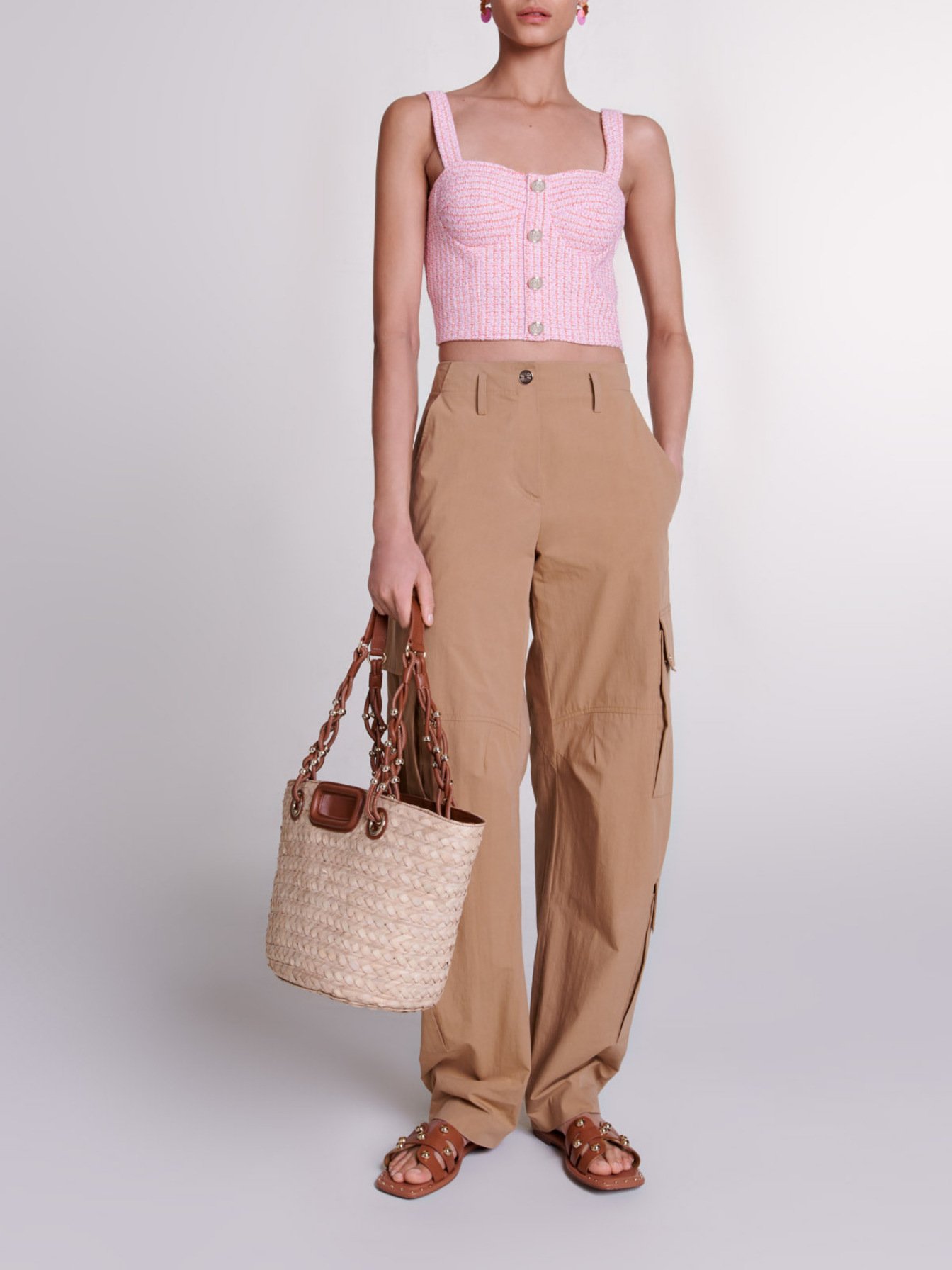 Maje Woman's cotton Tweed crop top for Spring/Summer, in color Pink / orange /