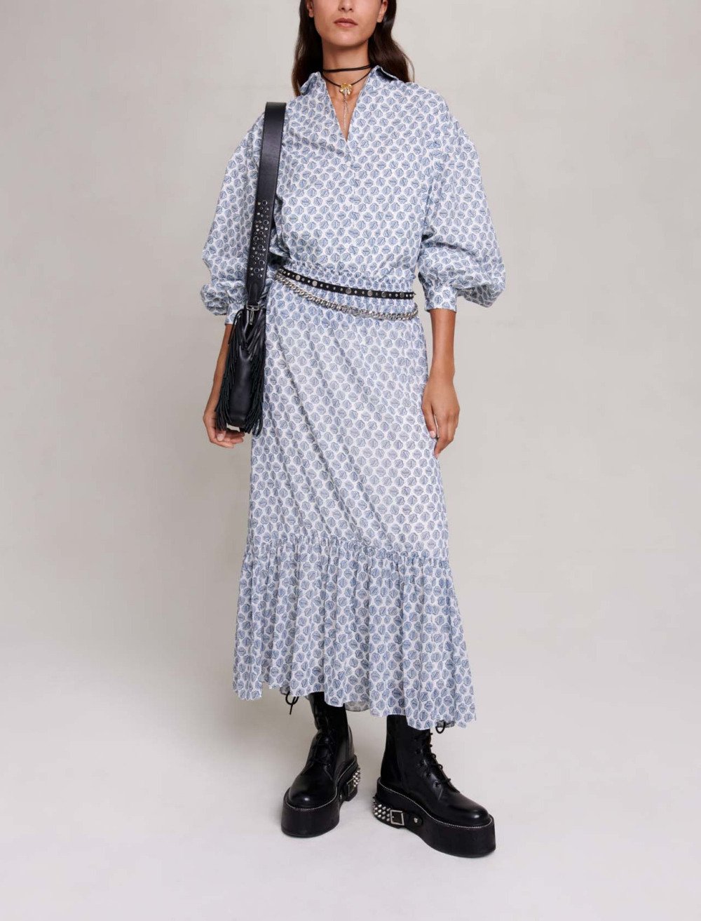 Maje Woman's polyester Long asymmetric skirt for Fall/Winter, in color Clover monogram ecru/blue /