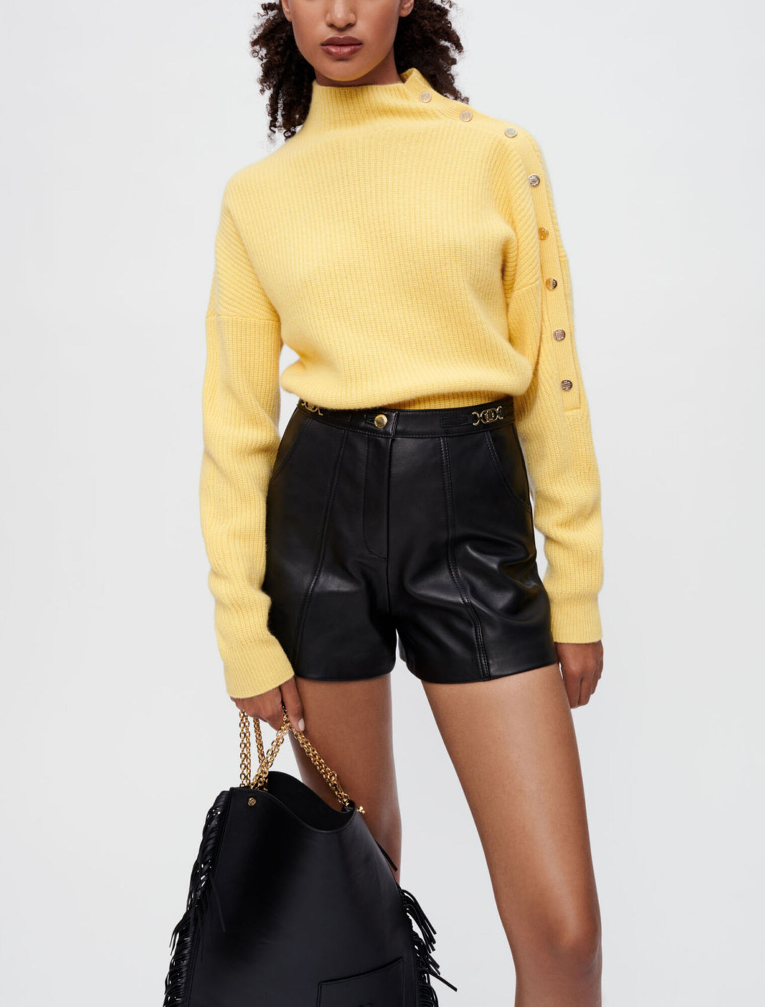 Leather shorts with gold-tone hardware Black / Gray For Women | Maje