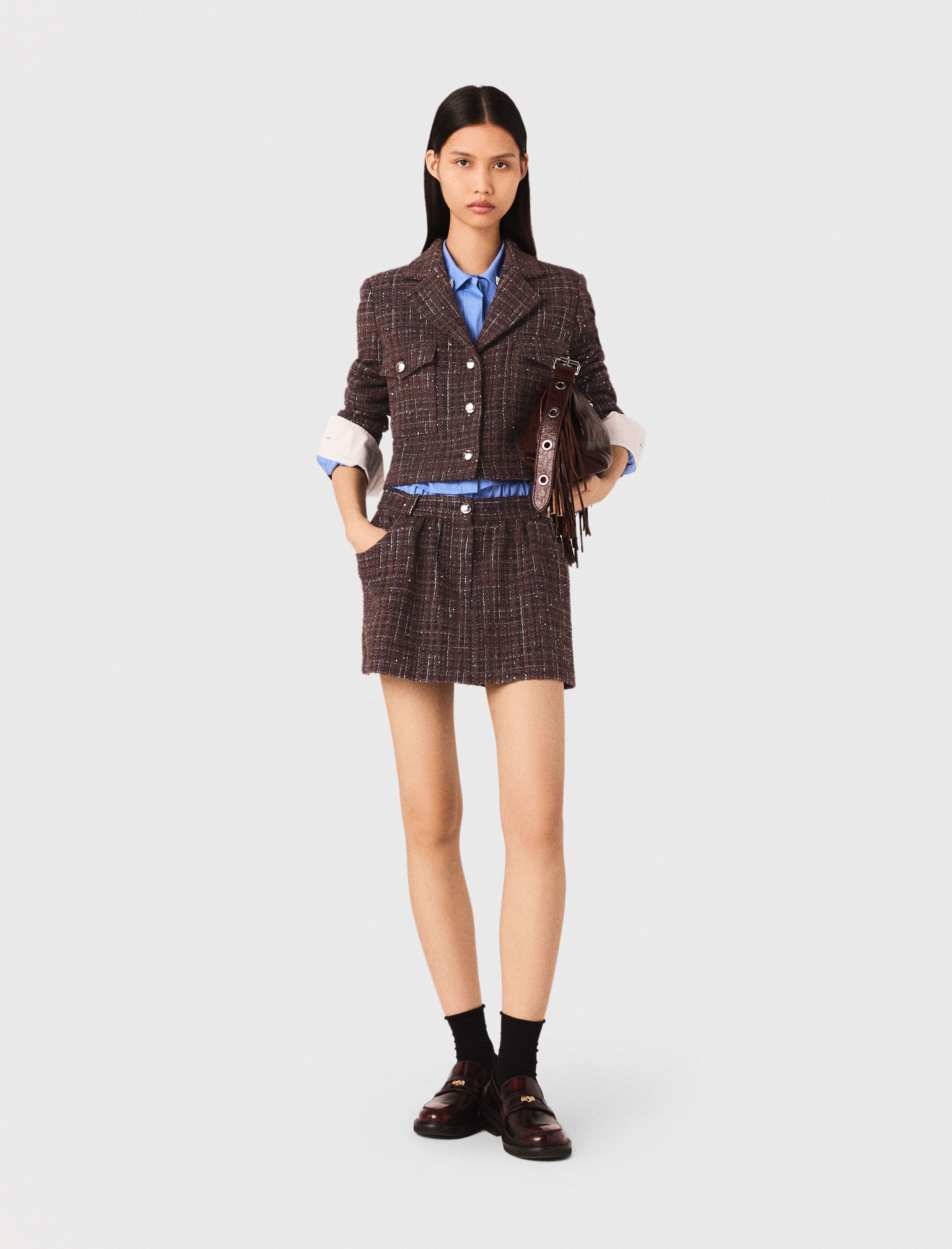 Maje Woman's cotton Short tweed jacket for Fall/Winter, in color Brown / Brown