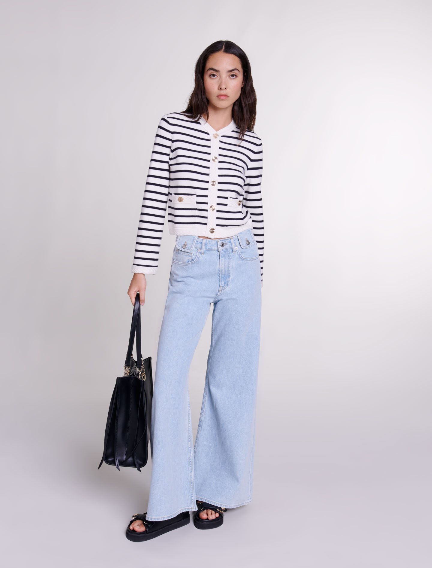 Shop Maje Striped Knit Cardigan For Spring/summer In Navy