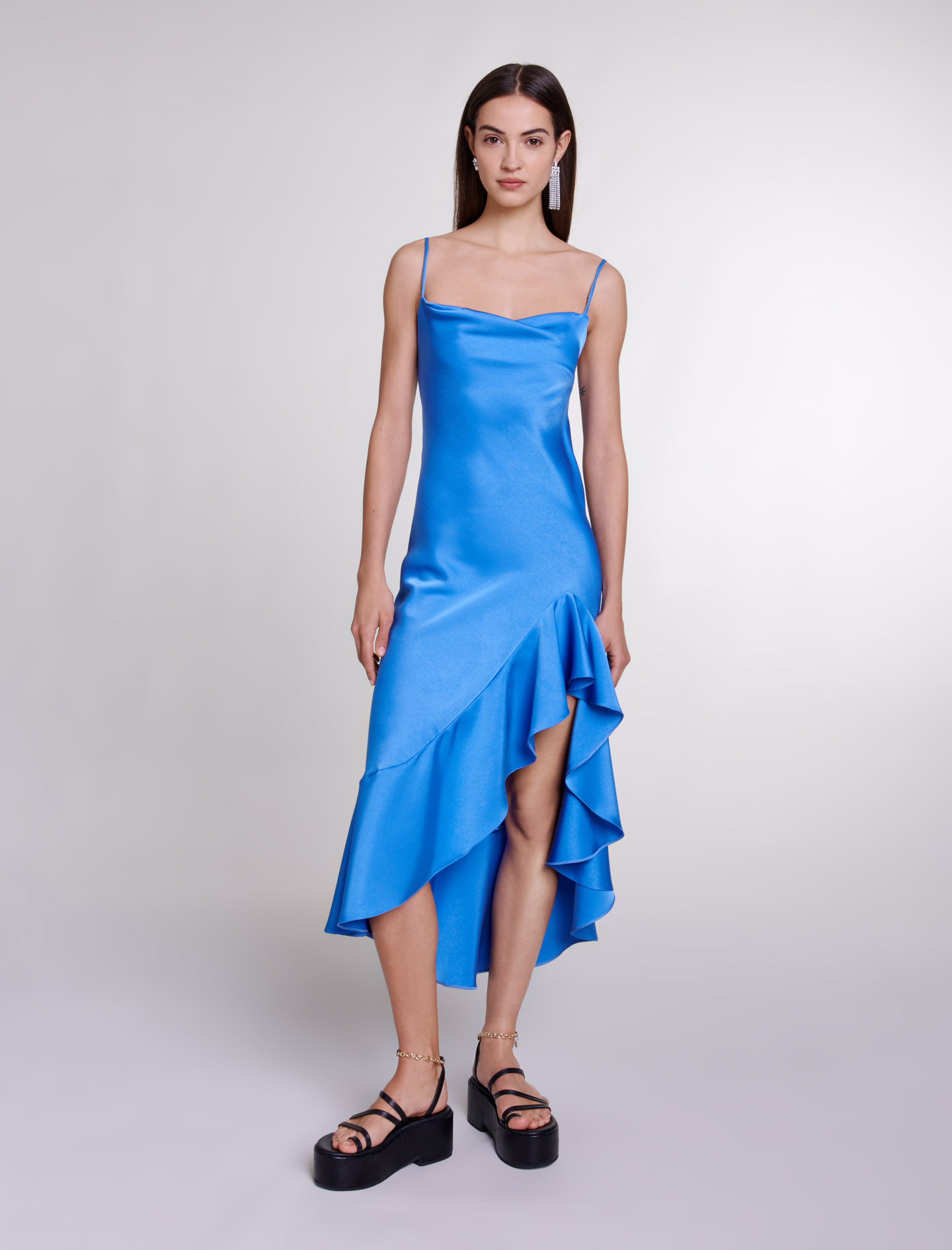 Maje Woman's polyester Asymmetric satin-effect maxi dress for Spring/Summer, in color Blue / Blue