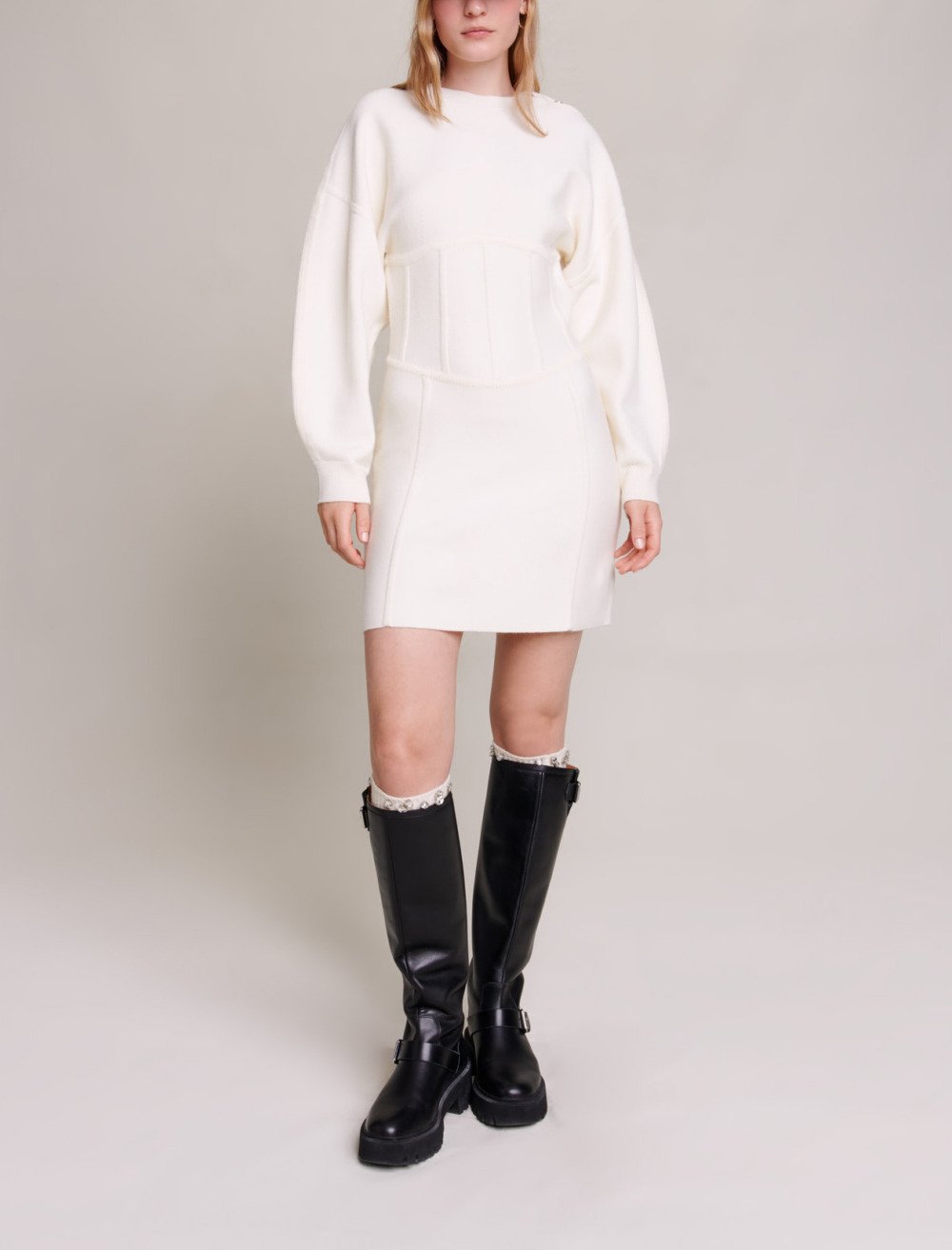 Maje Woman's polyester Corset-effect jumper dress for Fall/Winter, in color Ecru / Beige