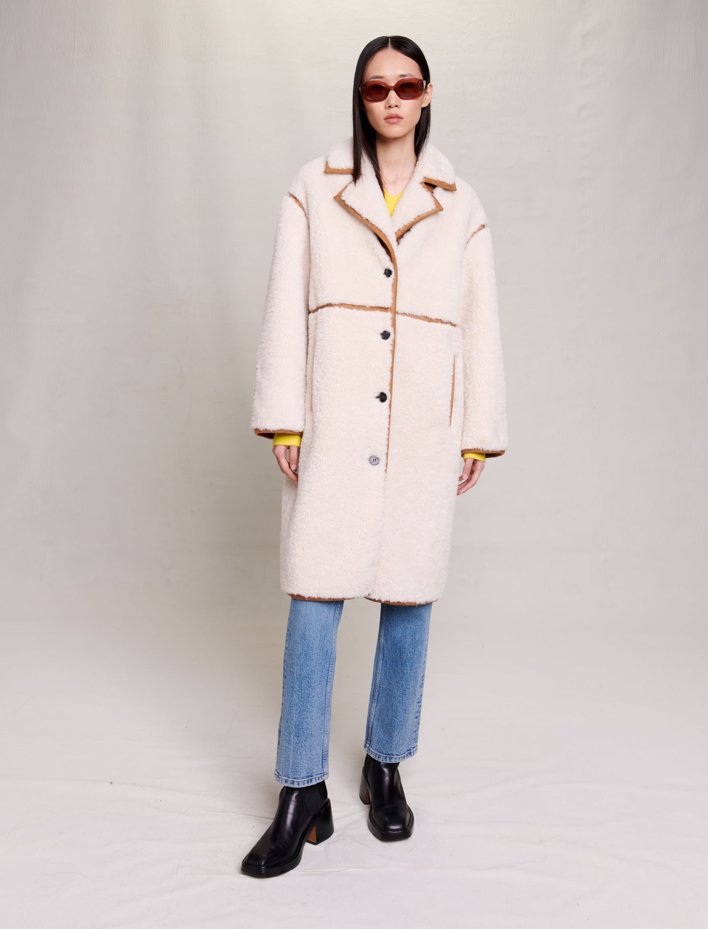 Maje Woman's polyester Interior: Long patchwork coat for Fall/Winter, in color Ecru / Beige