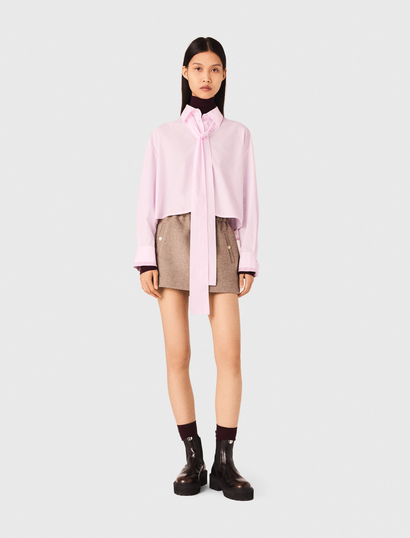 新品　未開封　pois ポワ blouse tee ブラウスT ピンク Short shirt with pussy bow Pink For Women | Maje