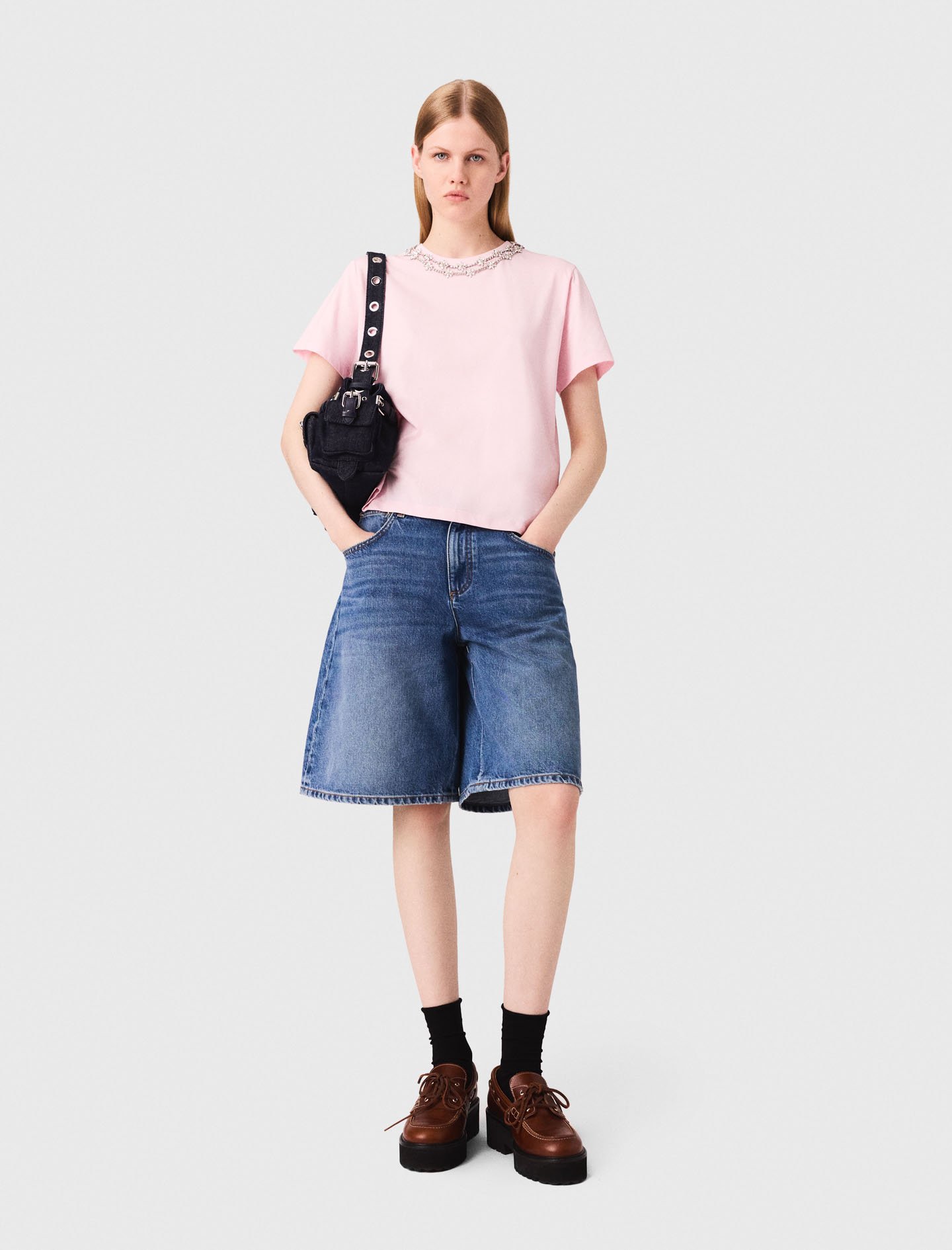 Maje Woman's cotton Short-sleeve jewel neck T-shirt for Fall/Winter, in color Pink / Red