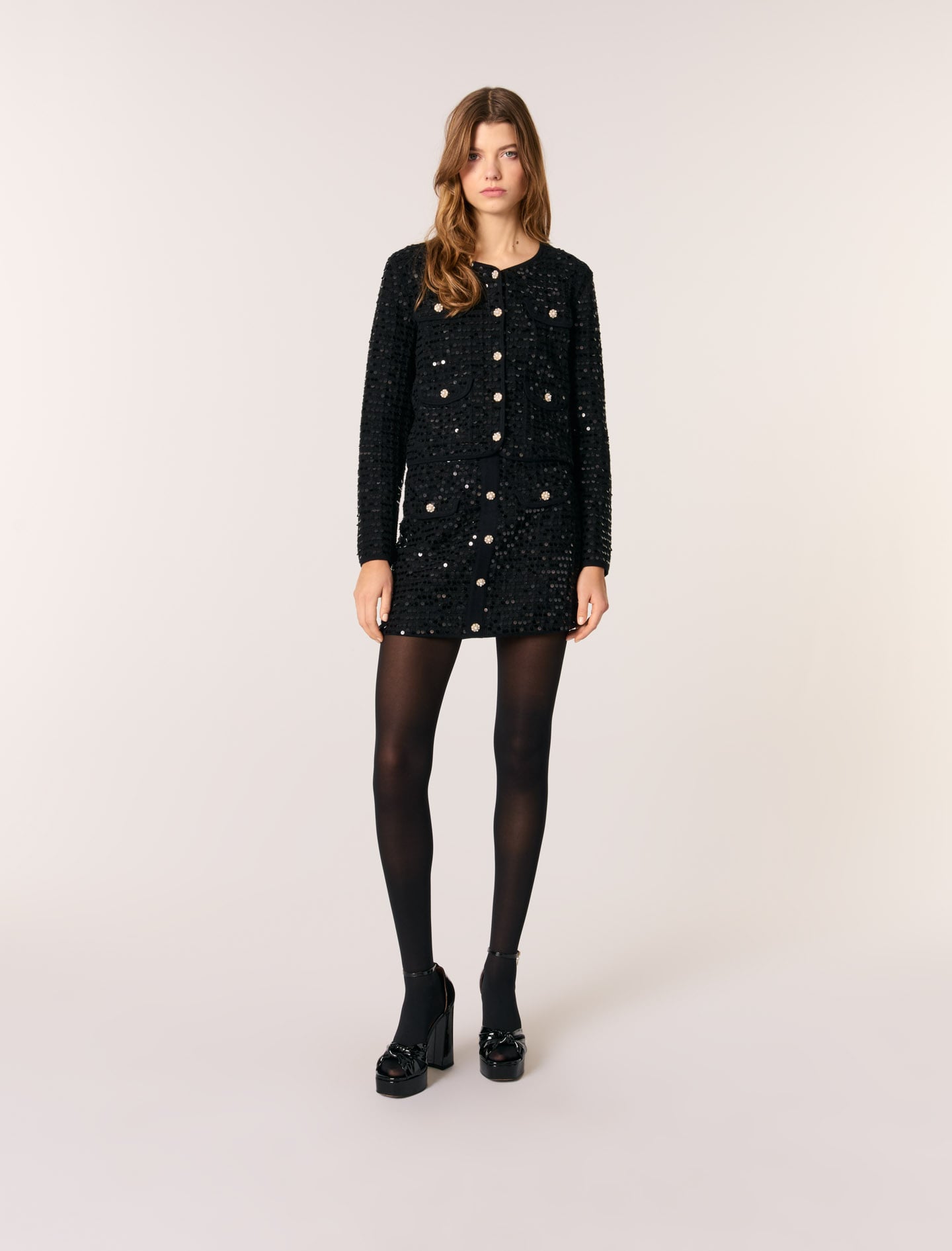 maje マージュ　ツイードロングジャケット　五分袖　ブラック　ラメ Sequin cropped cardigan Black / Gray For Women | Maje