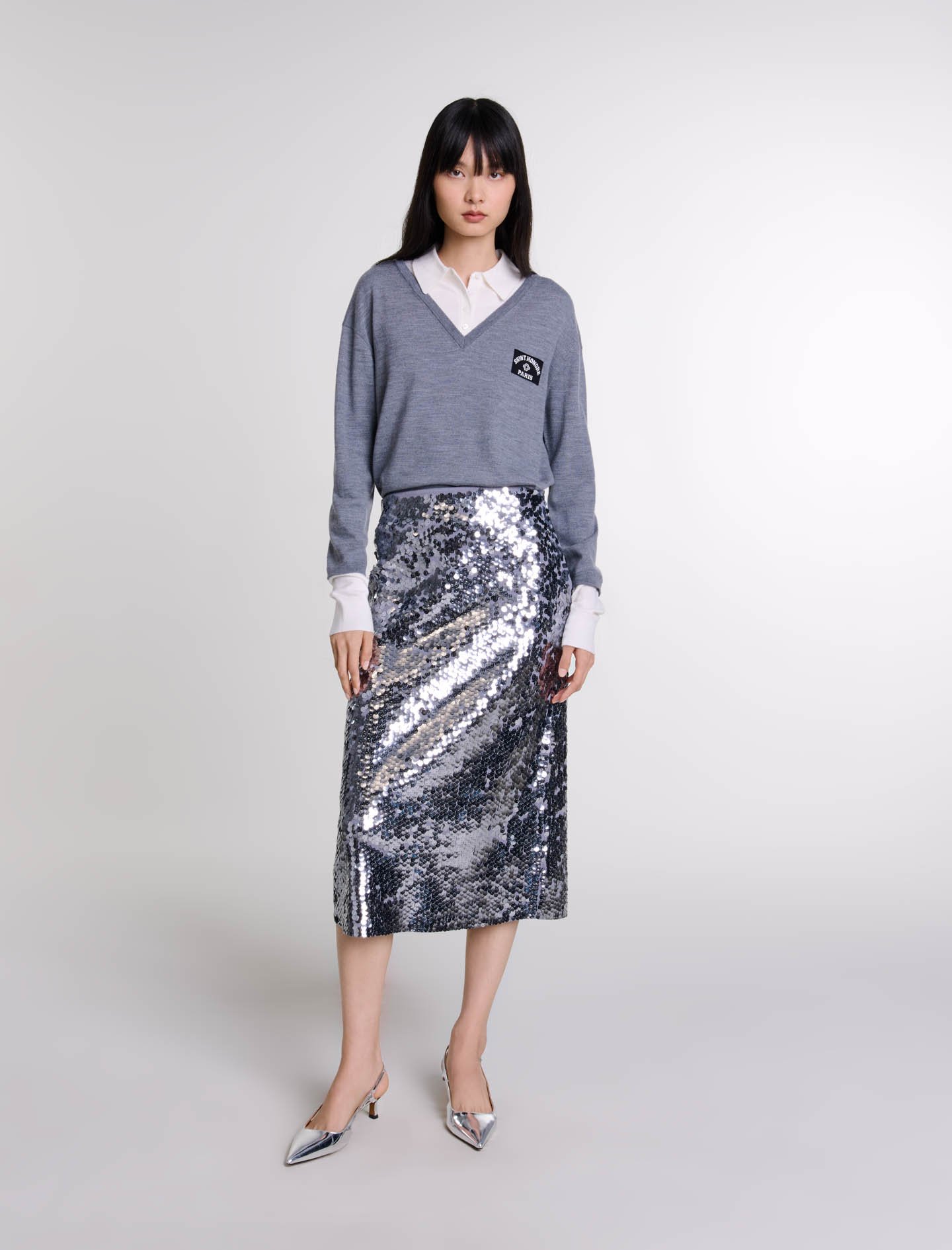 Woman's polyamide, Knit skirt with sequins for Fall/Winter, size Woman-Sequin Edit-US XL / FR 41, in color Grey / Grey