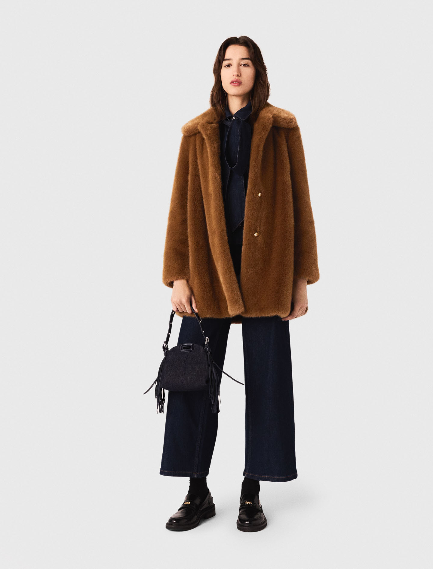 Maje Womens Brown Collared Mid-length Faux-fur Coat In Brown