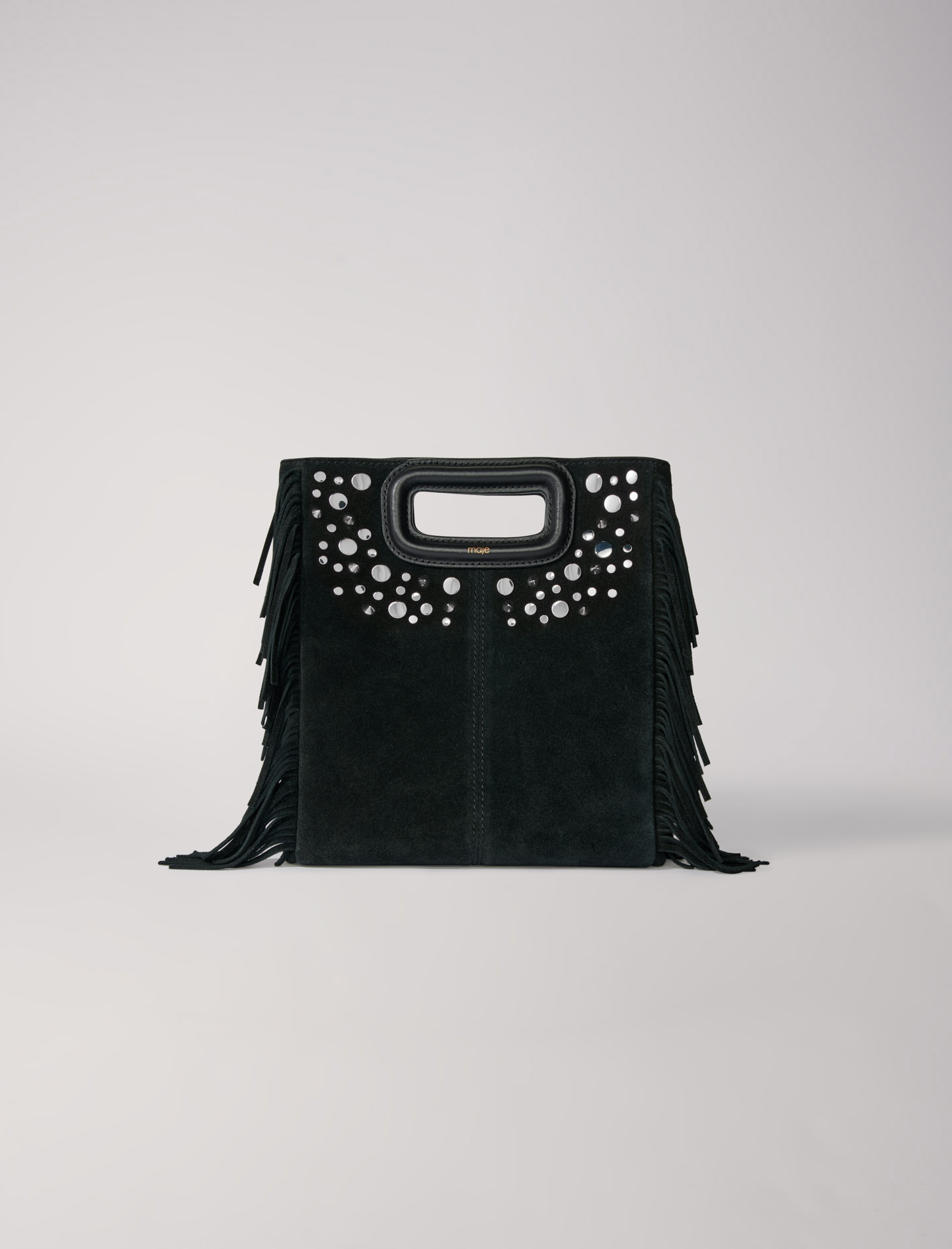 Maje Woman's cotton Leather: Fringed leather M bag for Fall/Winter, in color Black / Black