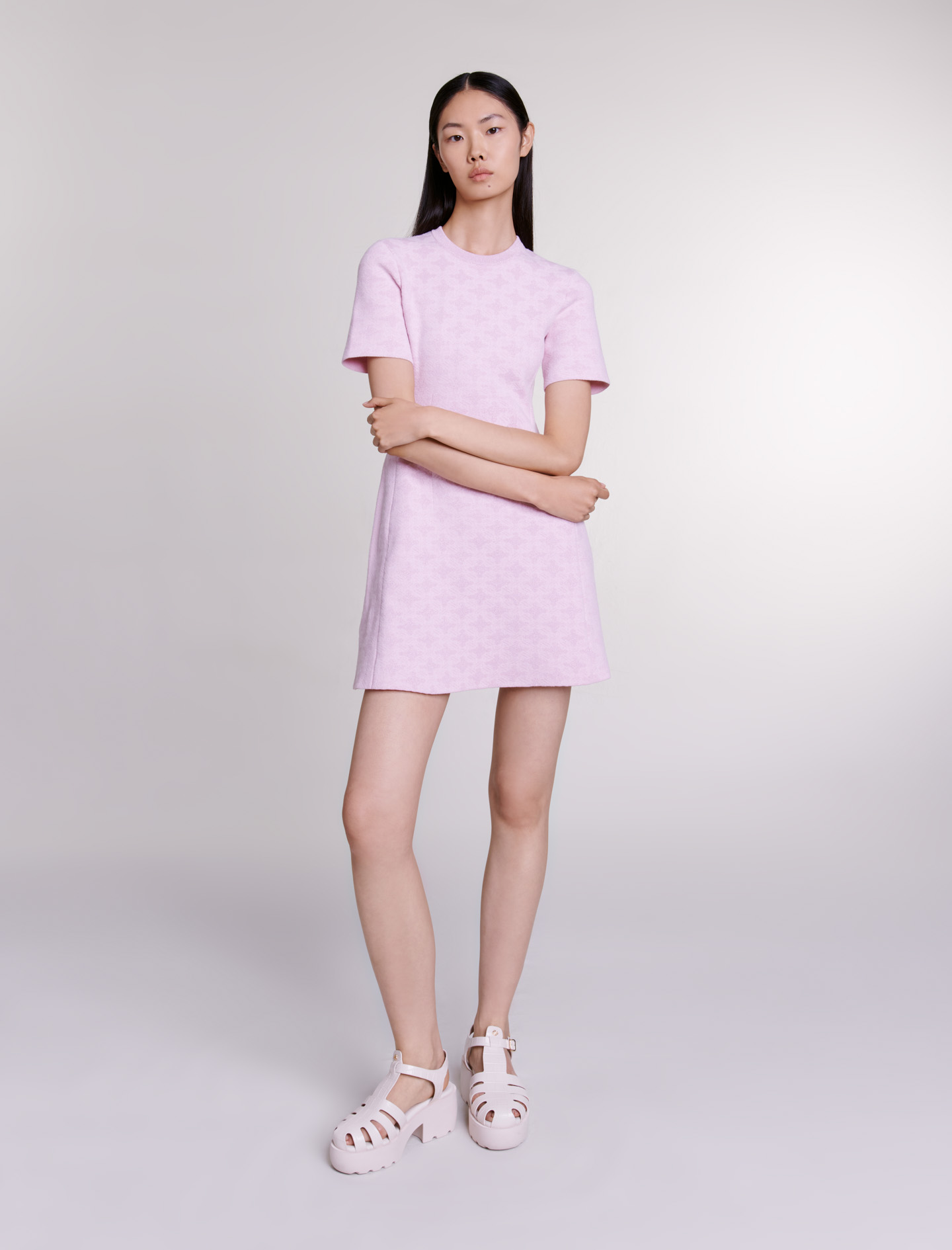 Maje Woman's polyamide, Jacquard knit short dress for Spring/Summer, in color Pale Pink / Red