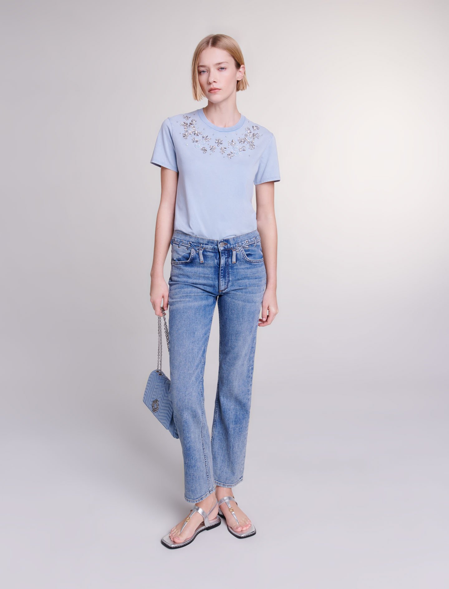 Woman's cotton Rib: Rhinestone T-shirt for Spring/Summer, size Woman-Tops & Shirts-US M / FR 2, in color Light Blue / Blue