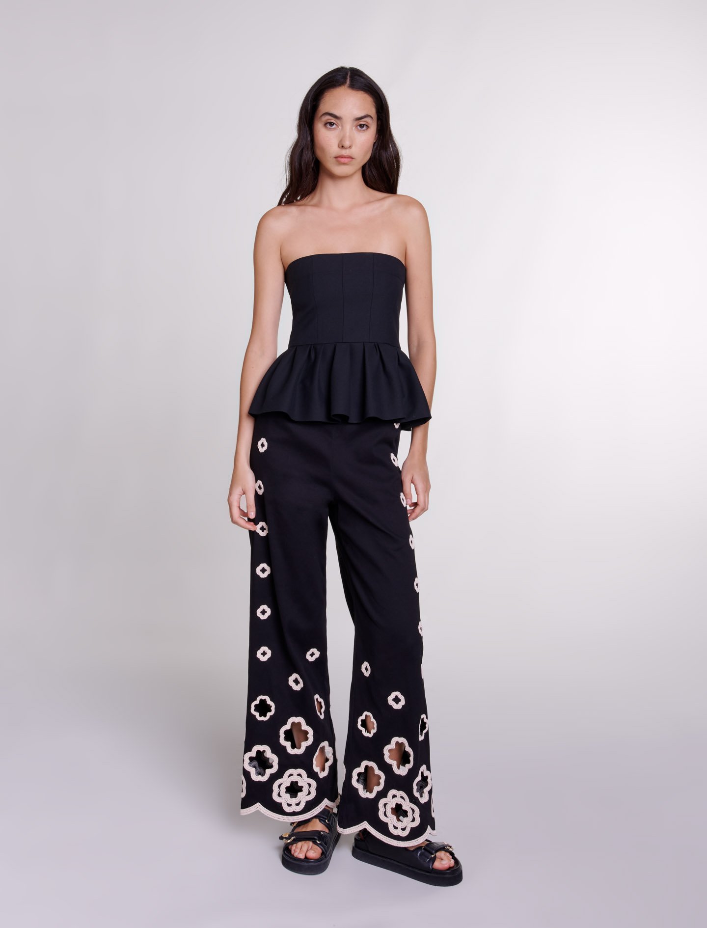 Woman's cotton, Wide-leg crochet trousers for Spring/Summer, size Woman-Newly Added-US XL / FR 41, in color Black / Black