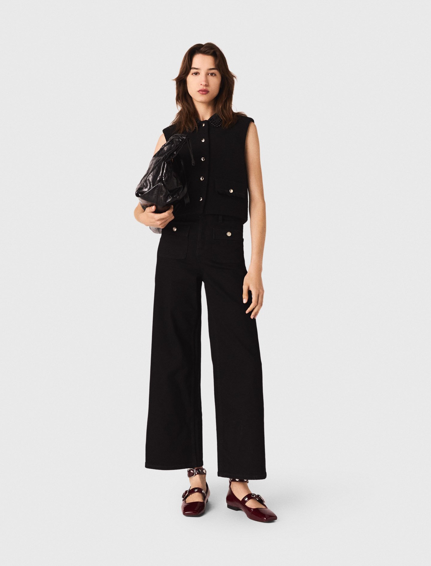 Maje Woman's polyester Tweed top with removable collar for Fall/Winter, in color Black / Black