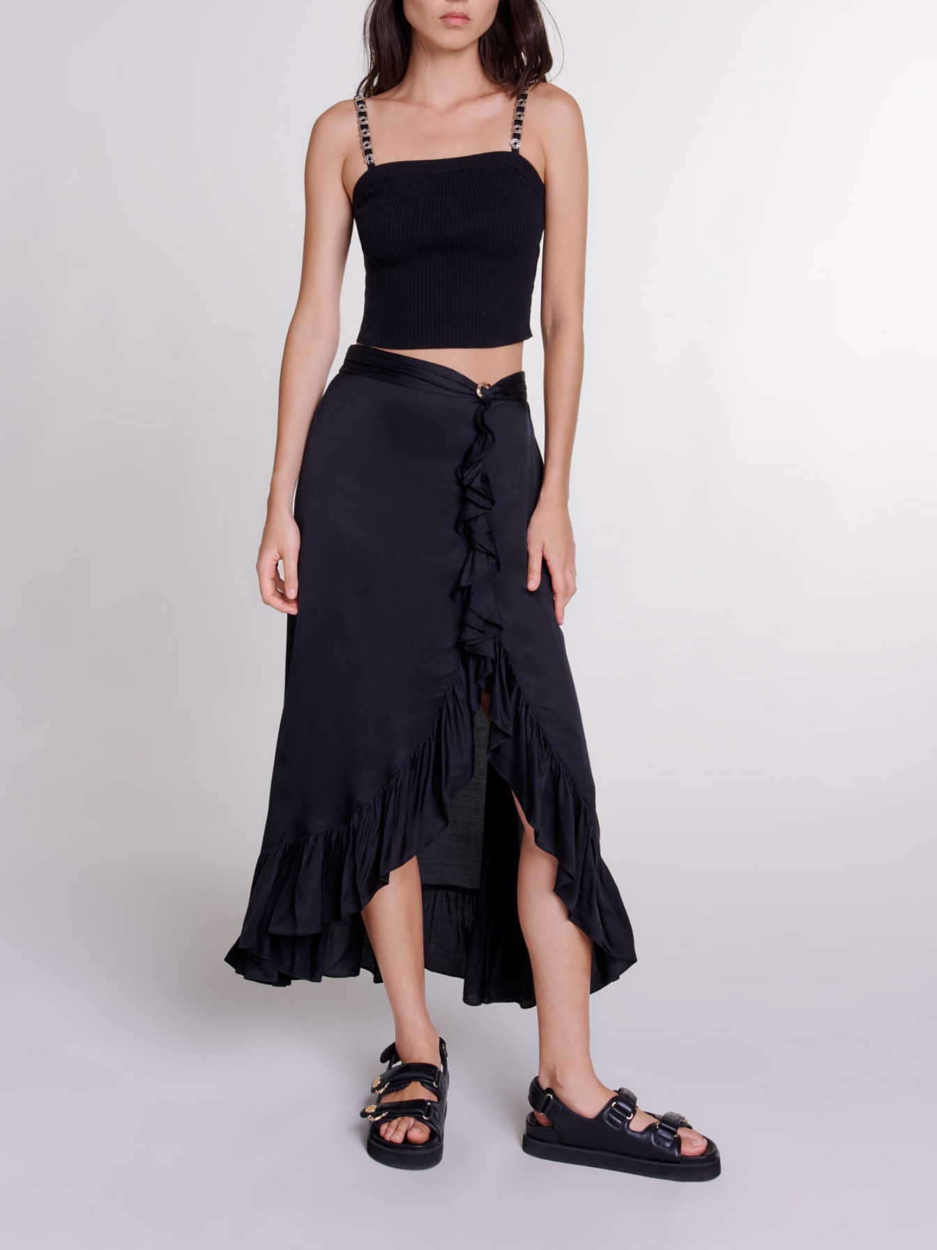 Maje Woman's viscose Long satin-effect ruffled skirt for Spring/Summer, in color Black / Black