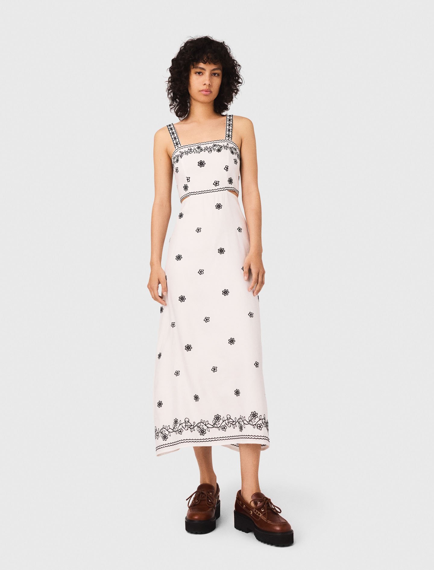 Maje Woman's linen Embroidered cut-out maxi dress for Fall/Winter, in color Ecru / Black /
