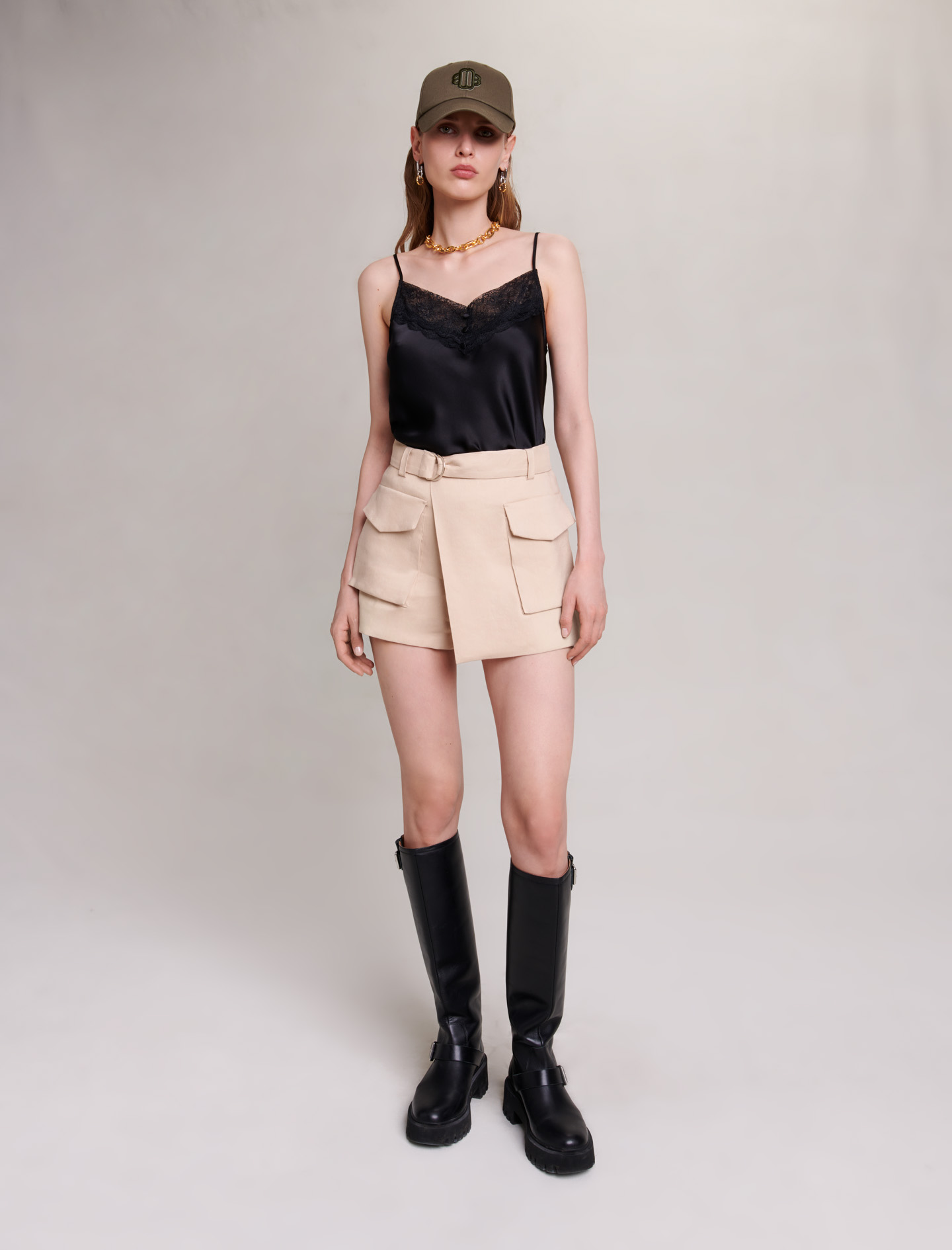 Maje Woman's linen, Asymmetric shorts for Fall/Winter, in color Beige / Beige