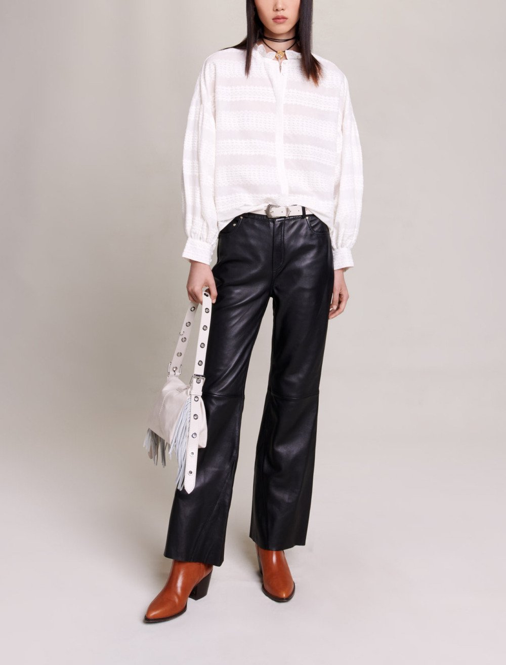 Maje Woman's cotton Embroidered ruffled shirt for Fall/Winter, in color White / White