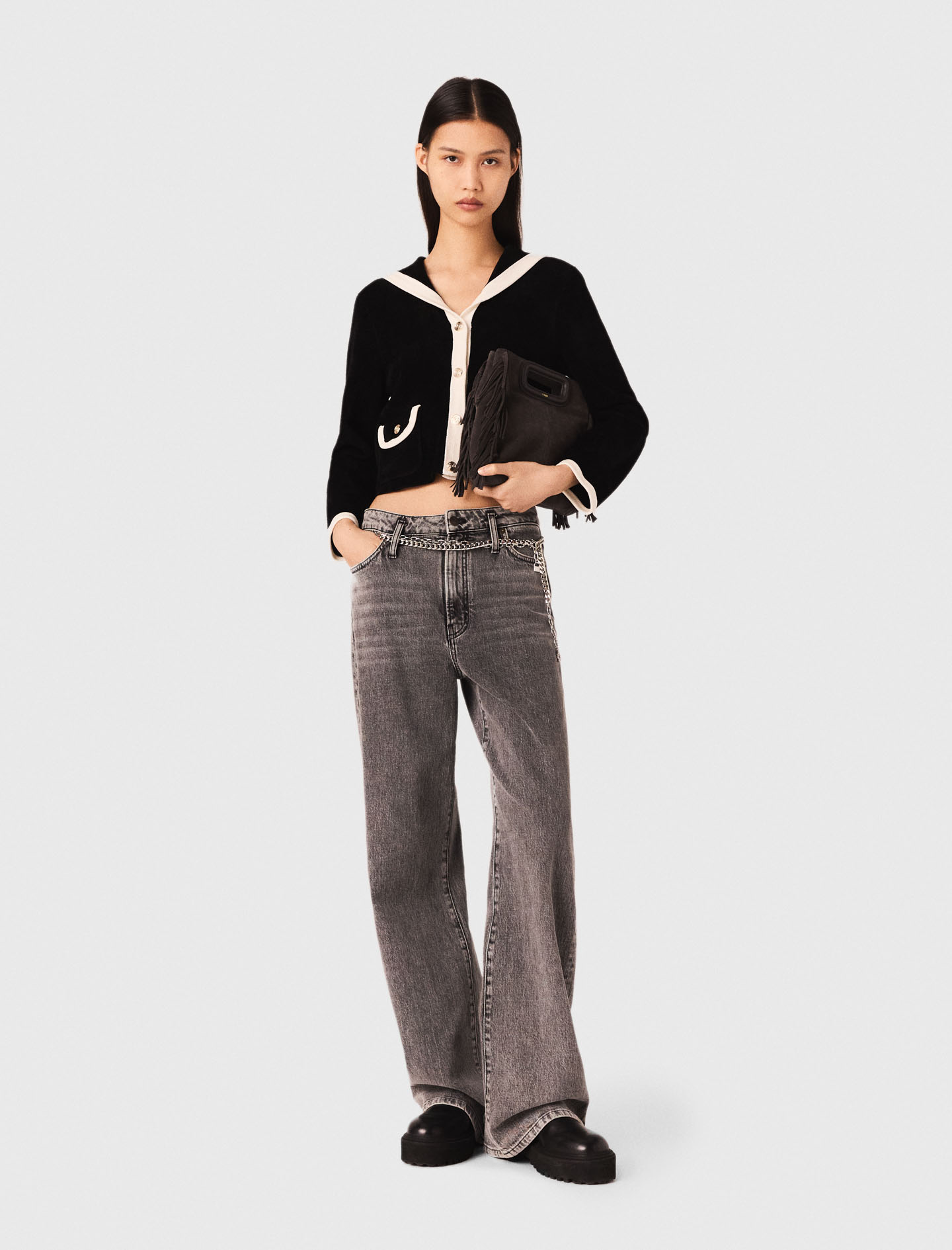 Velvet-effect cardigan Black / Gray For Women | Maje