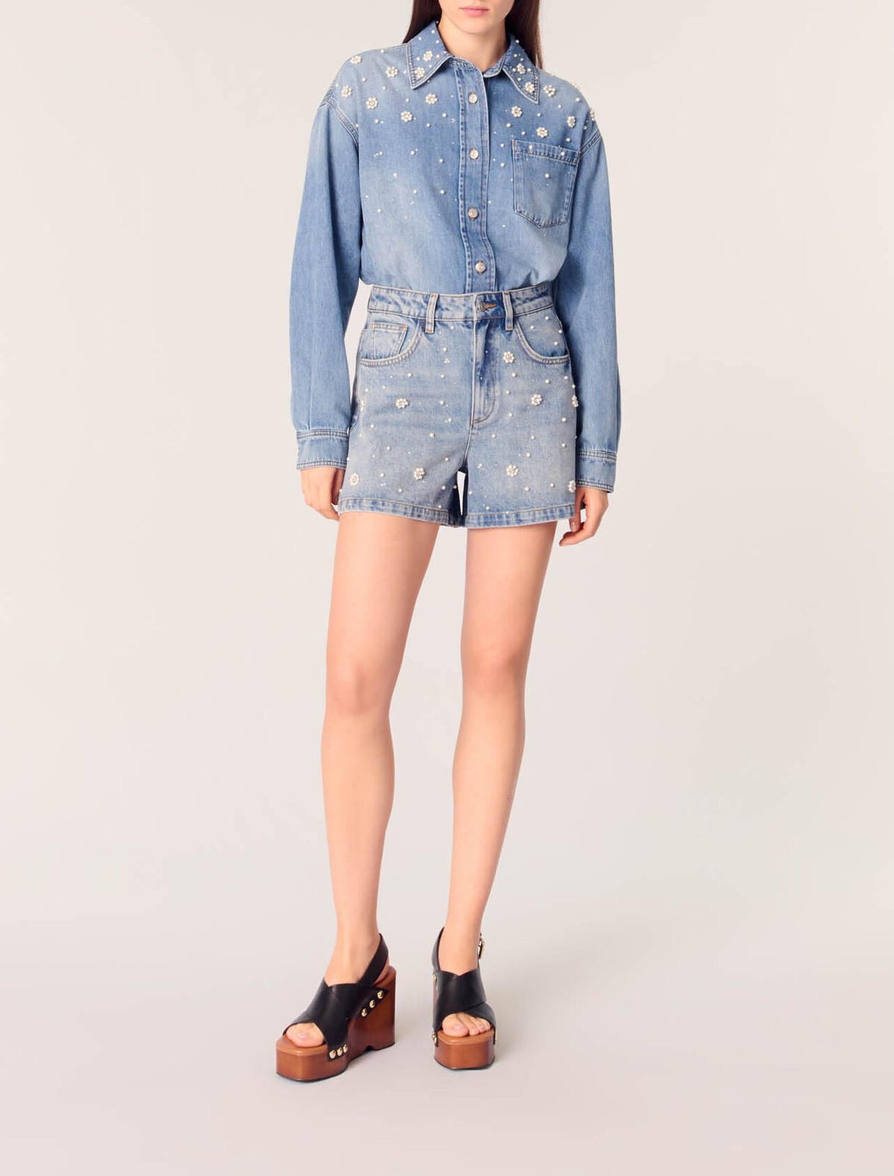 Denim shorts with embroidered beads Blue For Women | Maje