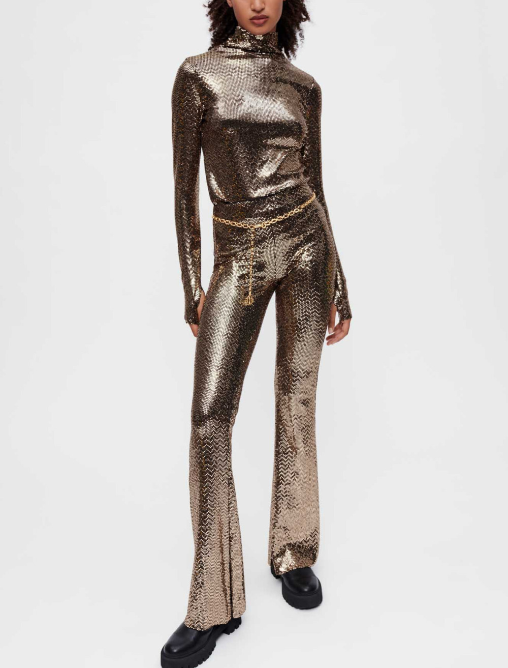 Woman
s polyamide, Sequin stretch and flare pants for Fall/Winter, size Woman-See All-US L / FR 40, in color Gold / Yellow