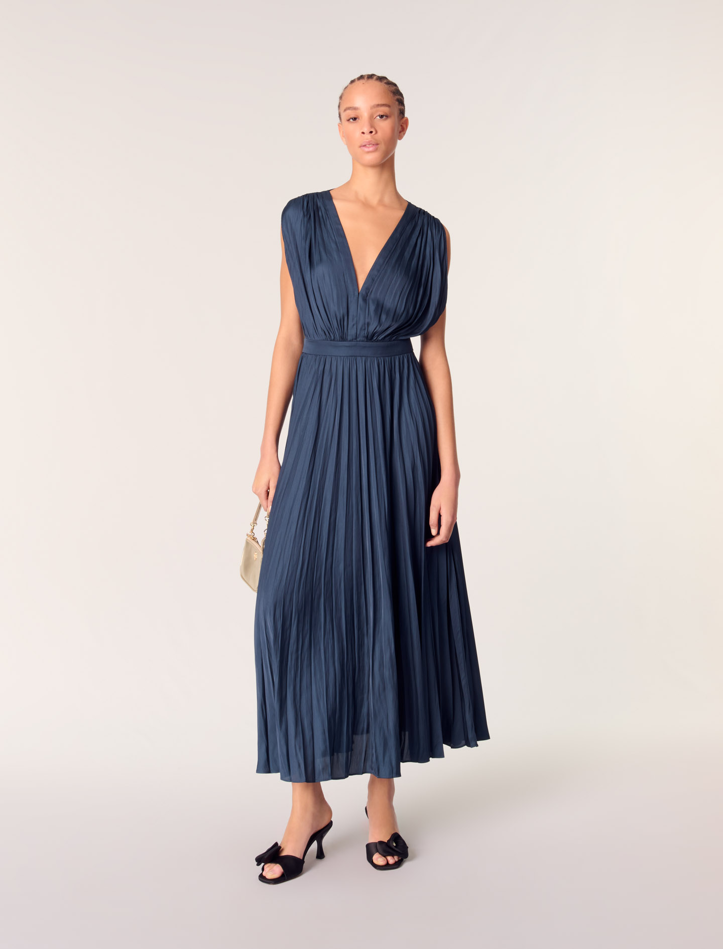 Woman
s polyester Pleated maxi dress for Spring/Summer, size Woman-Maxi dresses-US XL / FR 41, in color Navy / Blue