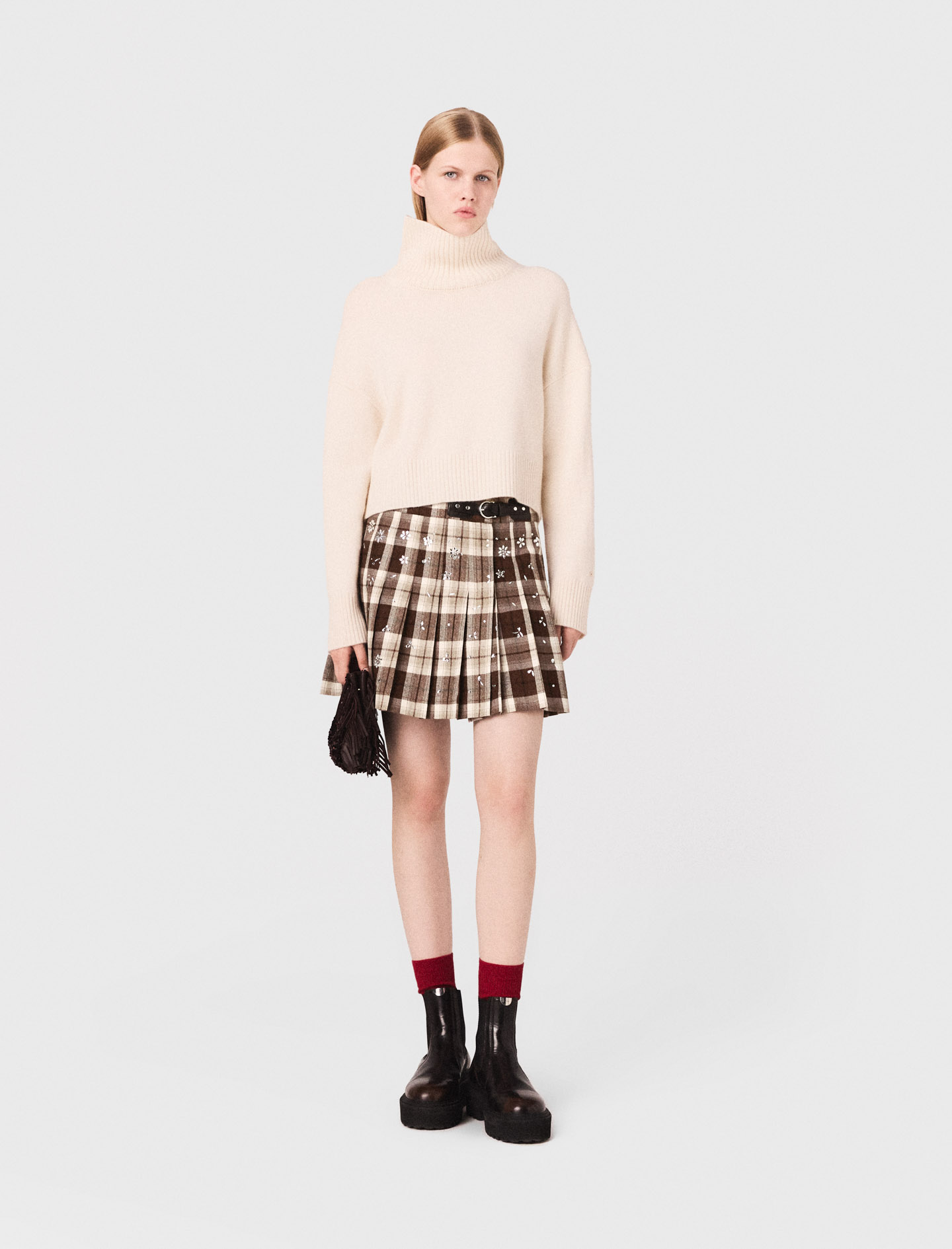 Maje Woman's cotton Rhinestone checked kilt for Fall/Winter, in color Big Brown Check /