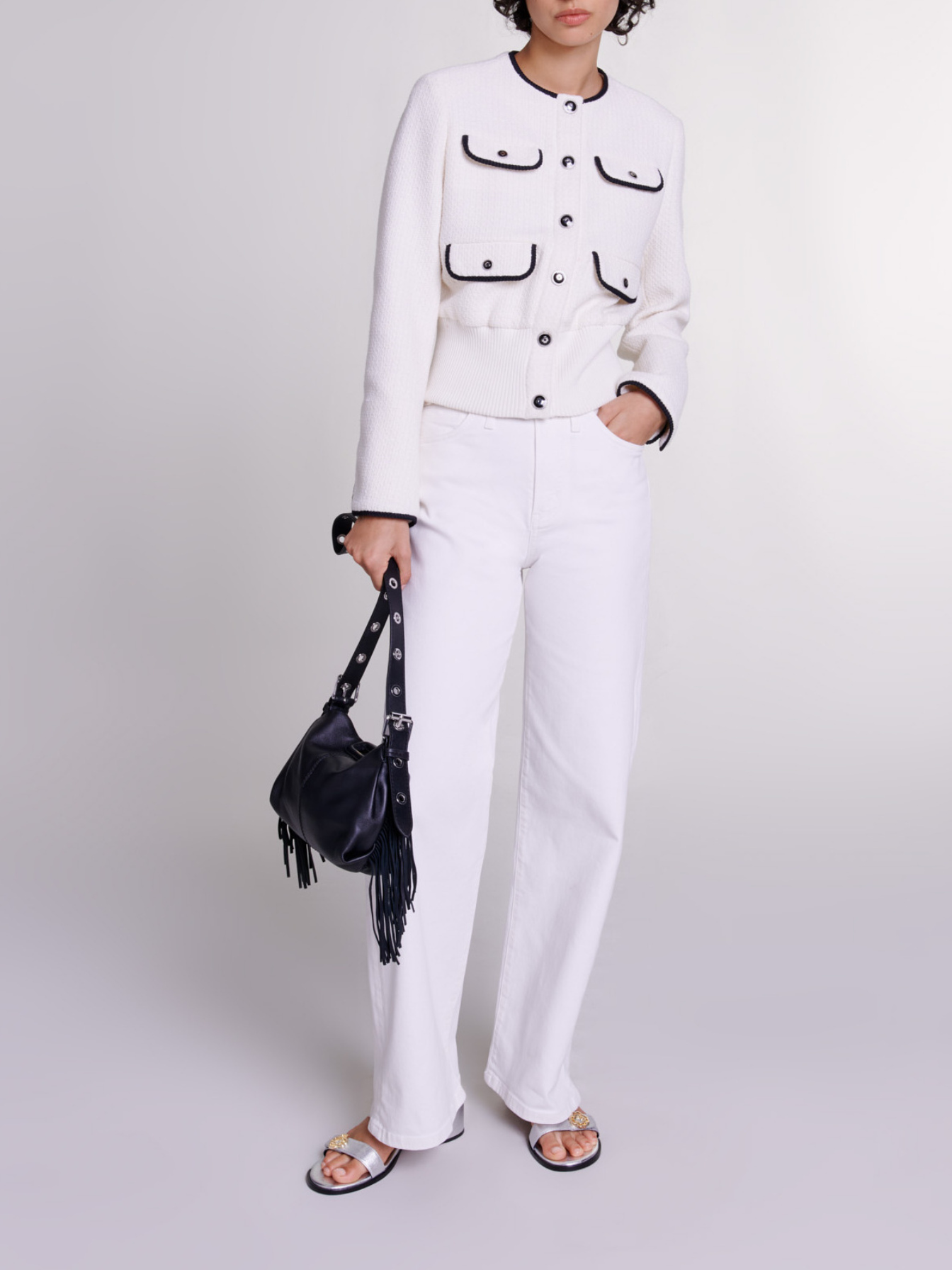 Maje Woman's cotton Fitted tweed jacket for Spring/Summer, in color Ecru / Beige