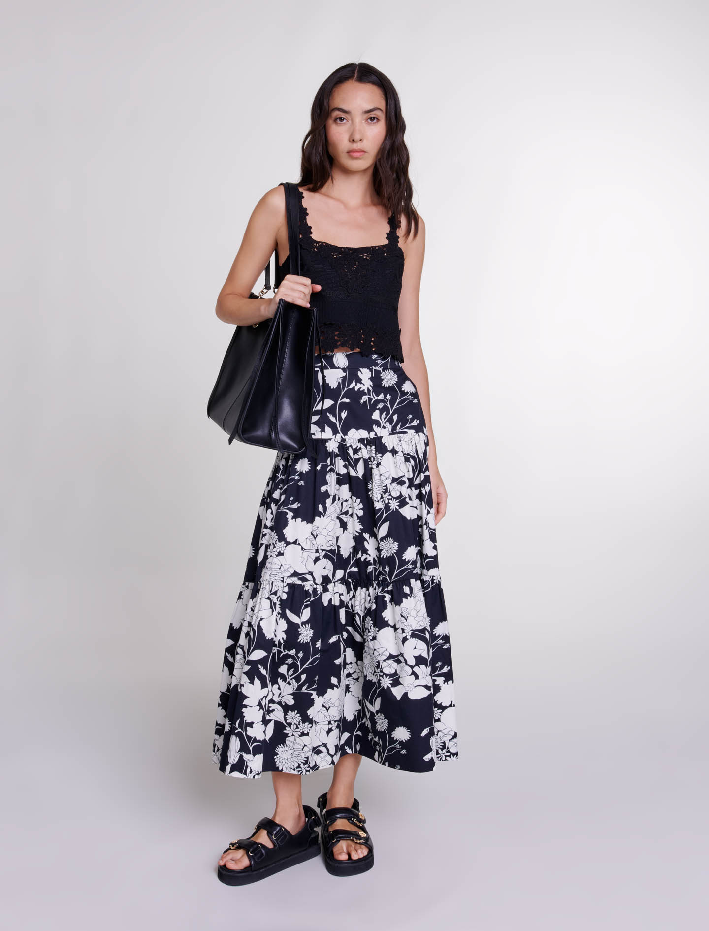 Mixte's cotton Floral print maxi skirt for Spring/Summer, size Mixte-Skirts & Shorts-US XL / FR 41, in color Floral ecru black print /