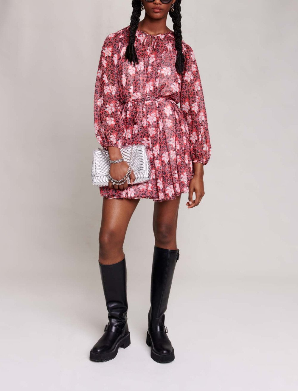 Maje Woman's polyester Short floral dress for Fall/Winter, in color Red flowers print /