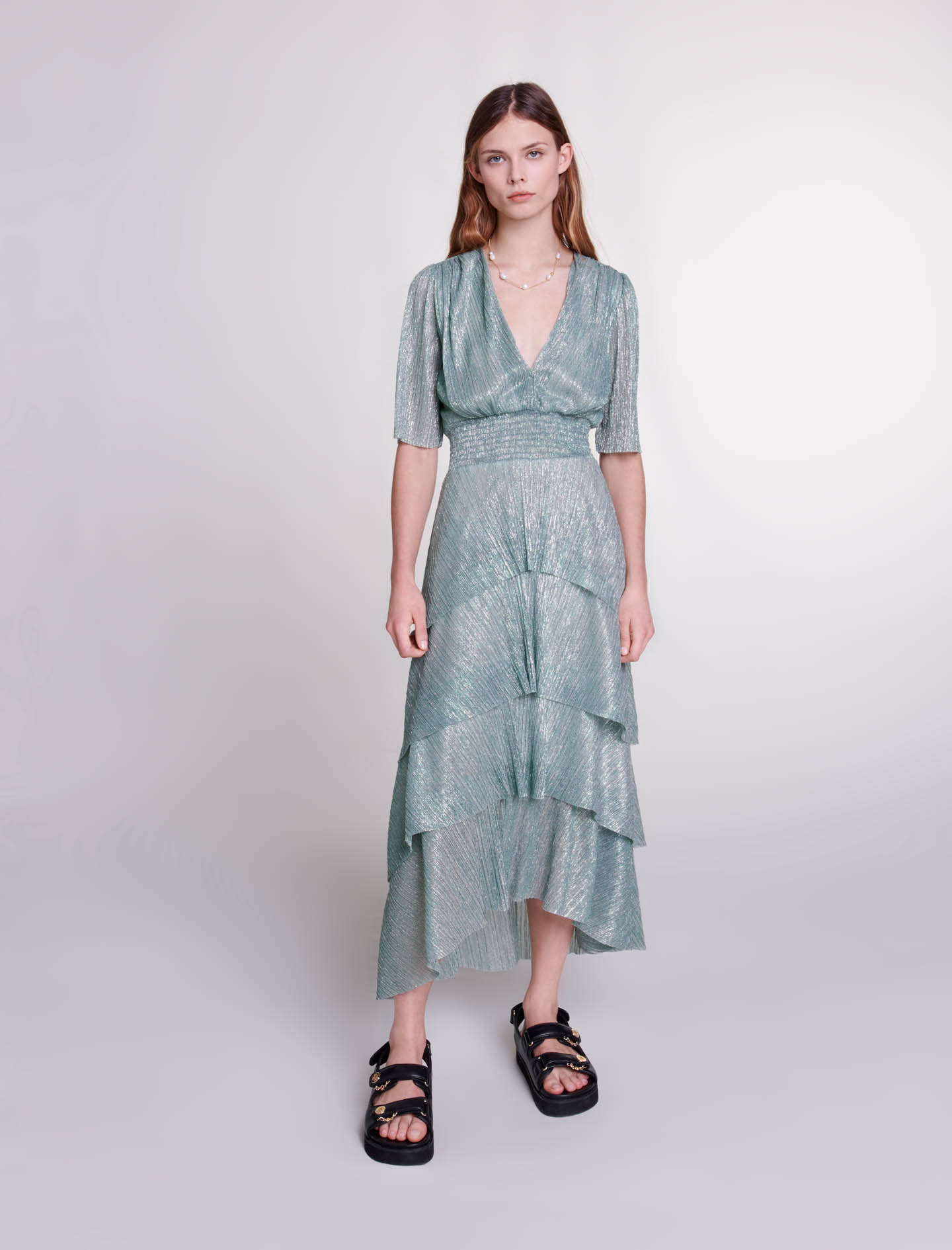 Maje Woman's polyester, Stretch lurex ruffled dress for Spring/Summer, in color Silver Green /